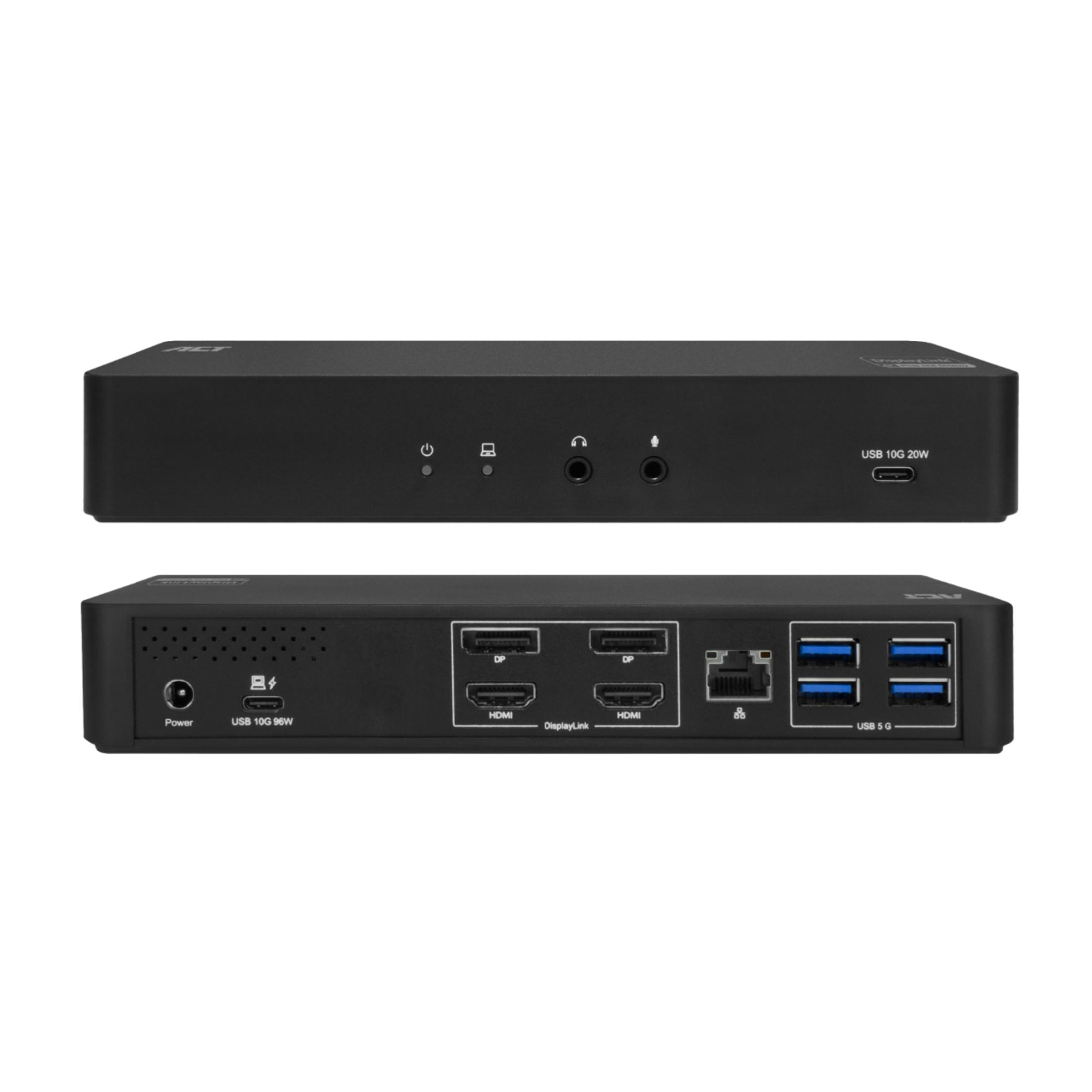 Schwarzes Gehäuse mit Anschlüssen: Strom, USB, DP, HDMI, Ethernet, Audio.