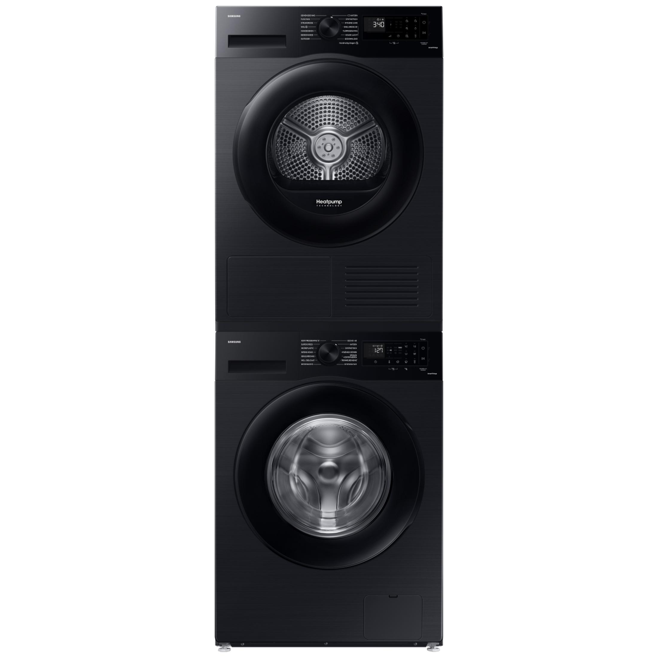 Lavadora y secadora Samsung negras apiladas, con pantallas y paneles de control visibles.
