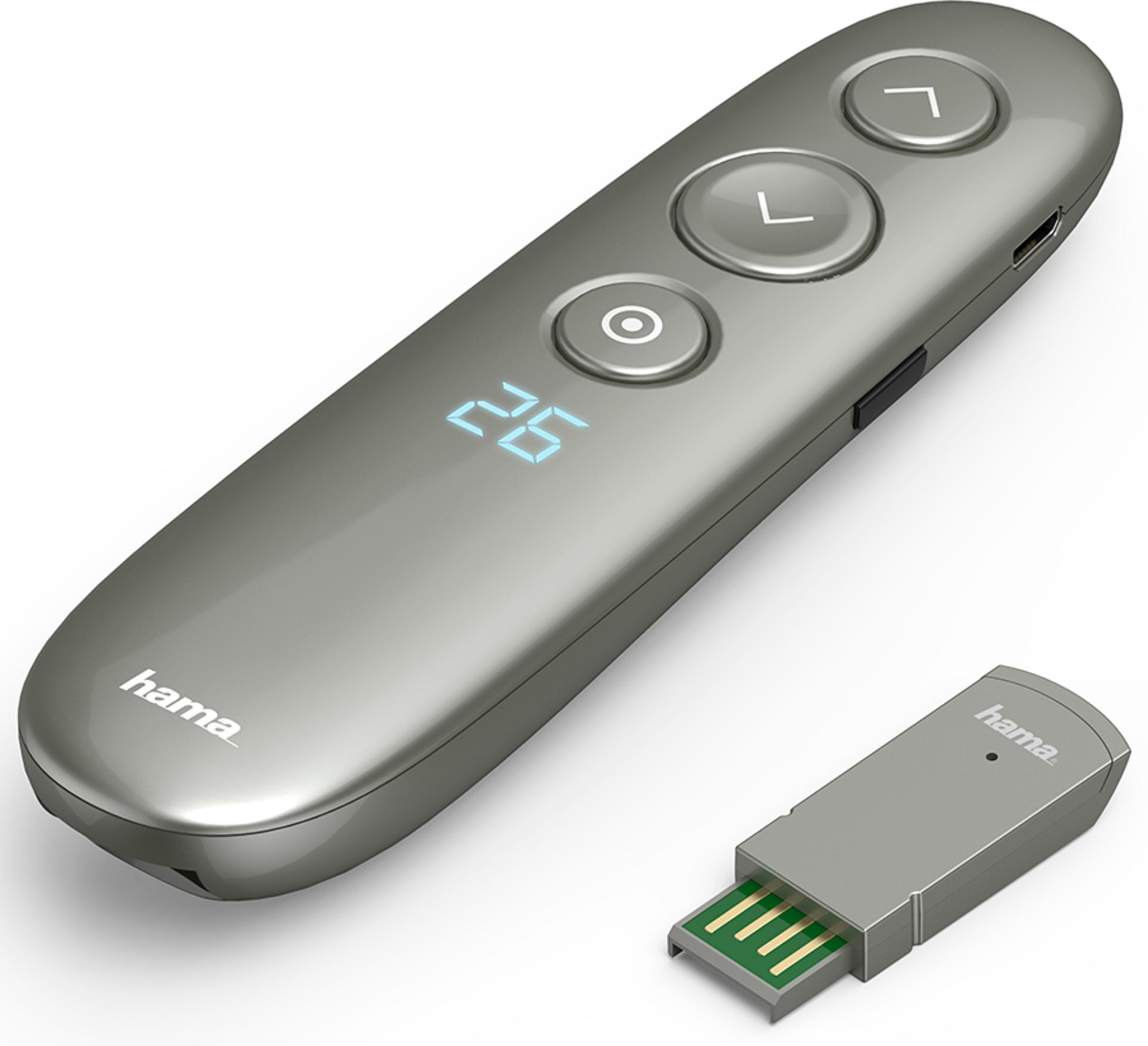 Grauer Hama Presenter mit USB-Empfänger und blauer Digitalanzeige.
