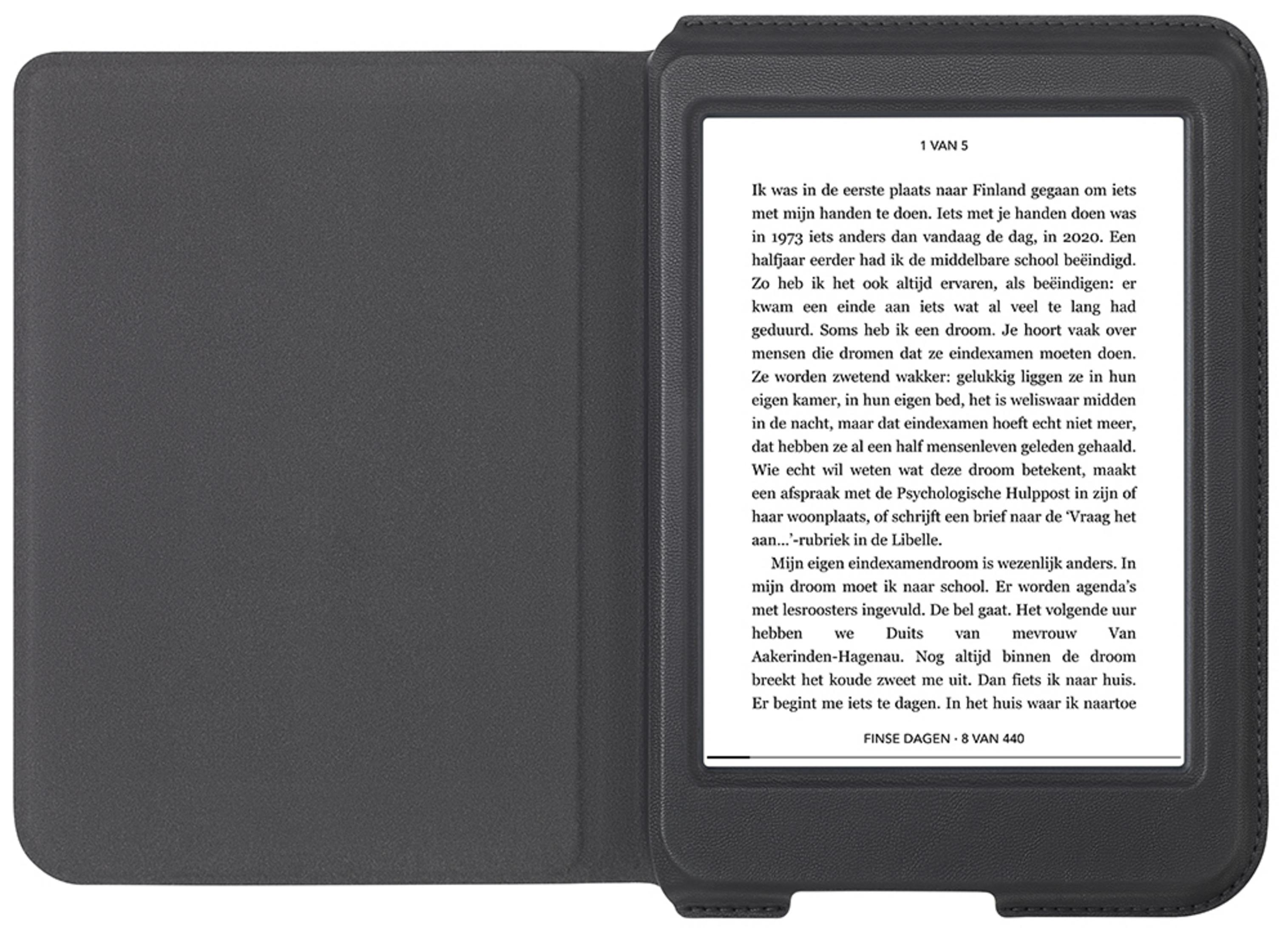 Una funda negra para e-reader con pantalla abierta que muestra texto en neerlandés.