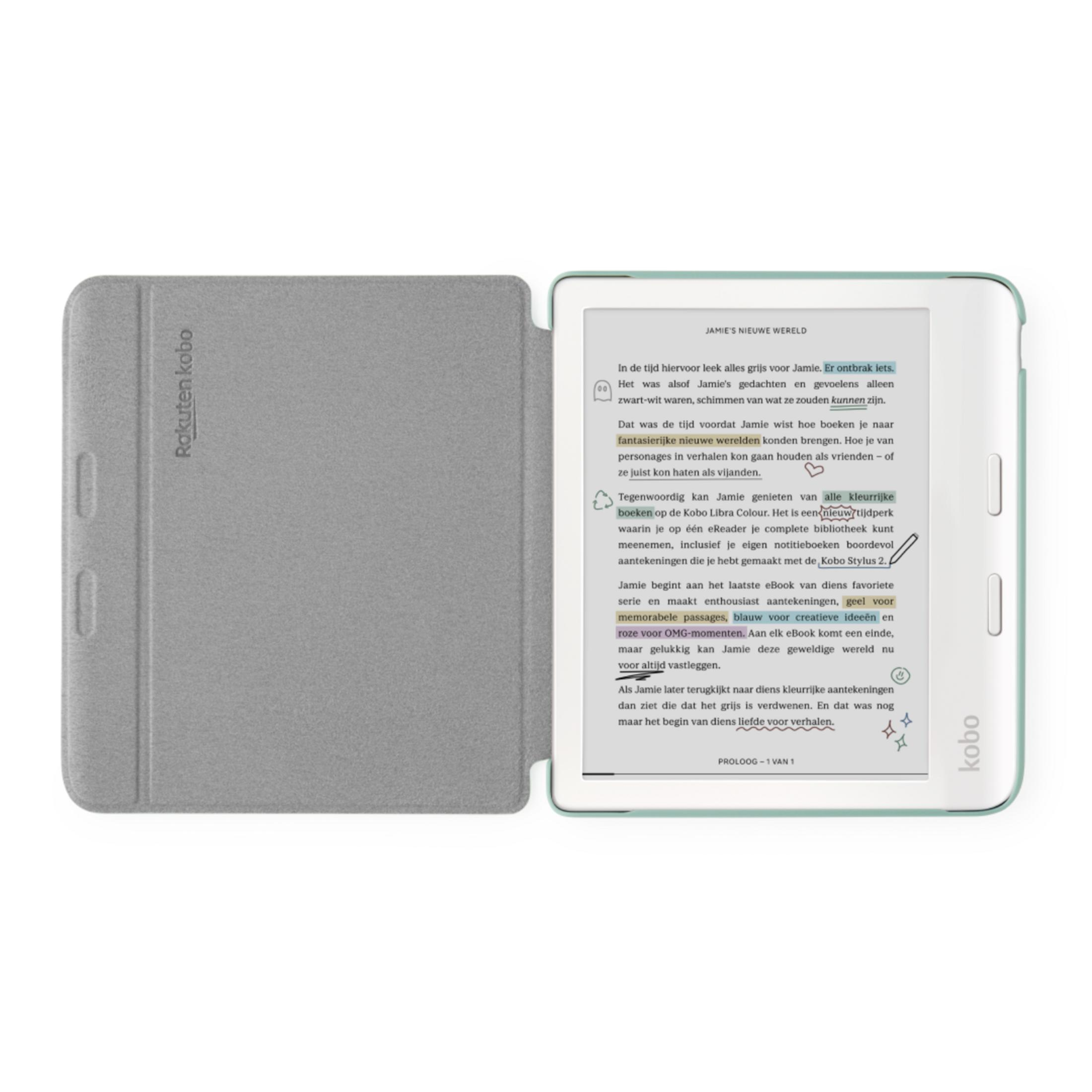 Kapaklı gri bir Kobo e-okuyucu cihaz, kitap metni gösteriyor.