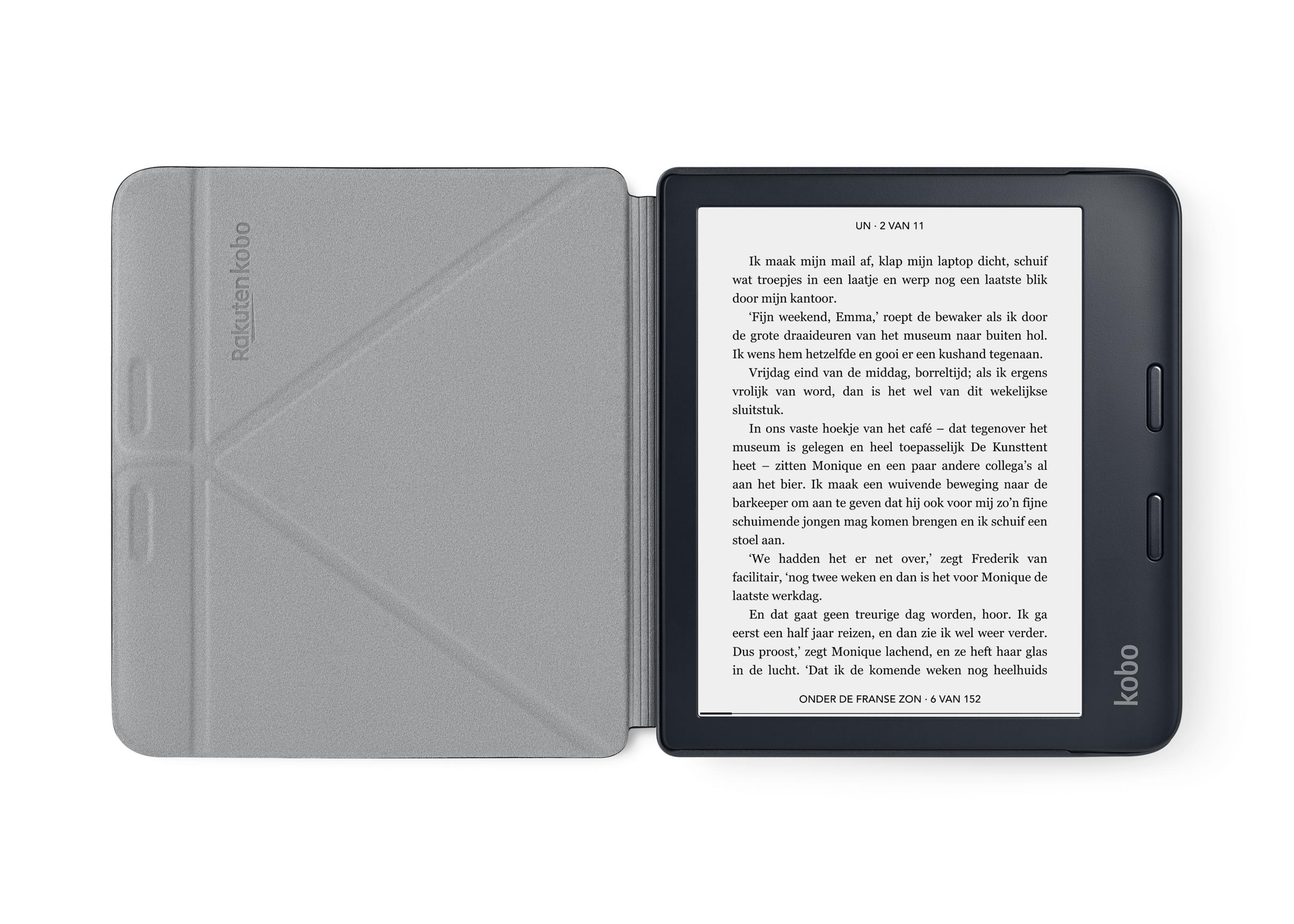 Una funda gris con el logo de Rakuten Kobo junto a un lector electrónico mostrando texto.