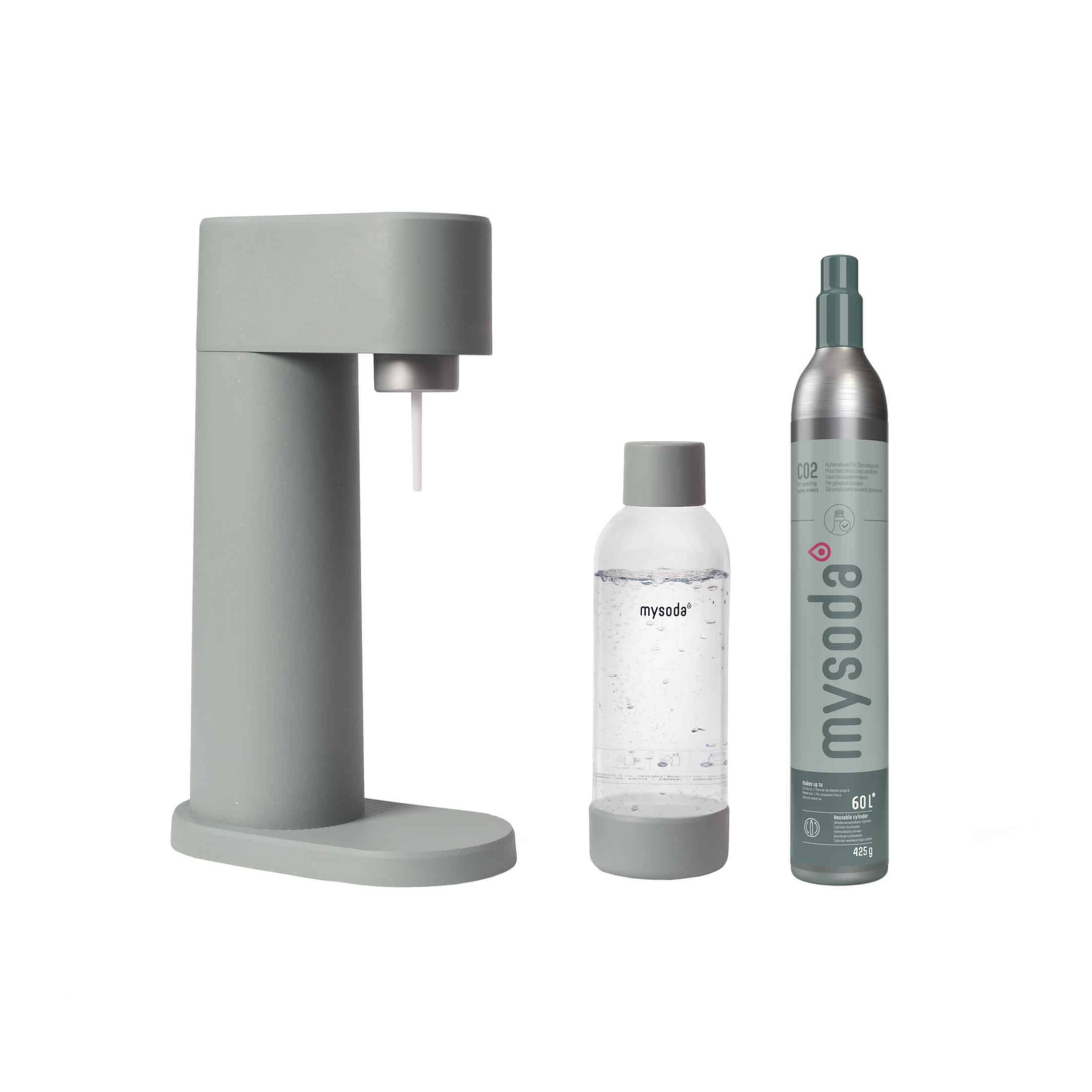 Gray soda maker with bottle and CO2 cylinder.