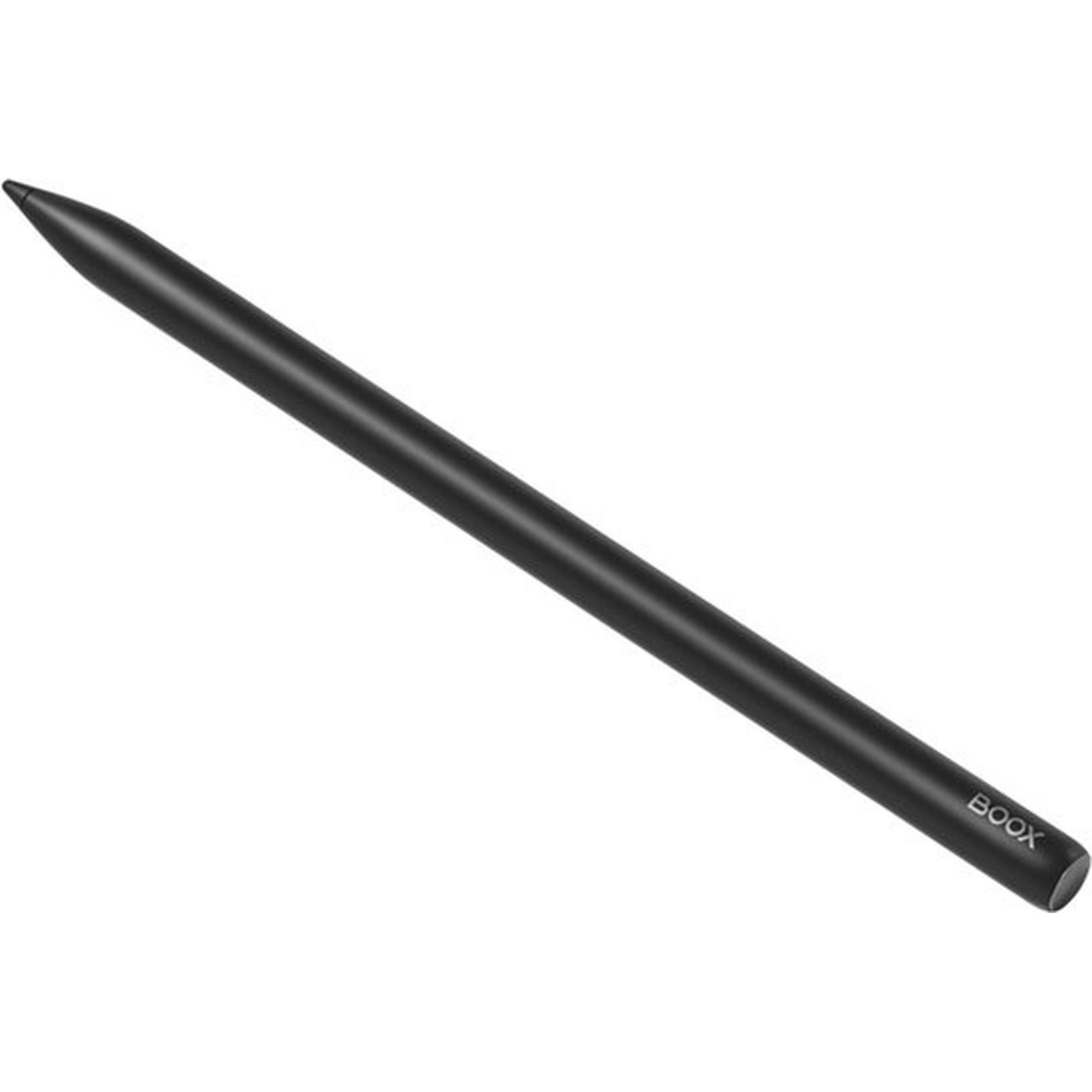 Ein schlanker, schwarzer Stift mit der Aufschrift "BOOX" liegt diagonal auf weißem Hintergrund.