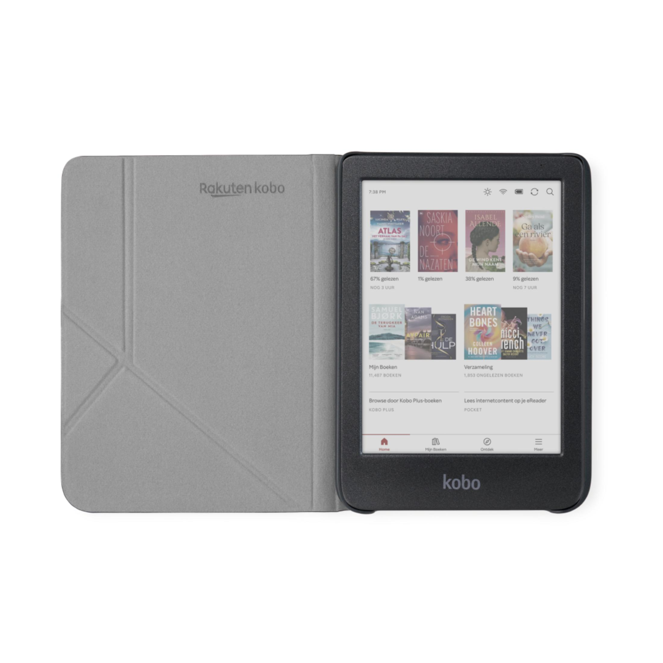 Gri kılıflı bir Kobo e-okuyucu, kitap kapaklarını ve menü seçeneklerini gösterir.
