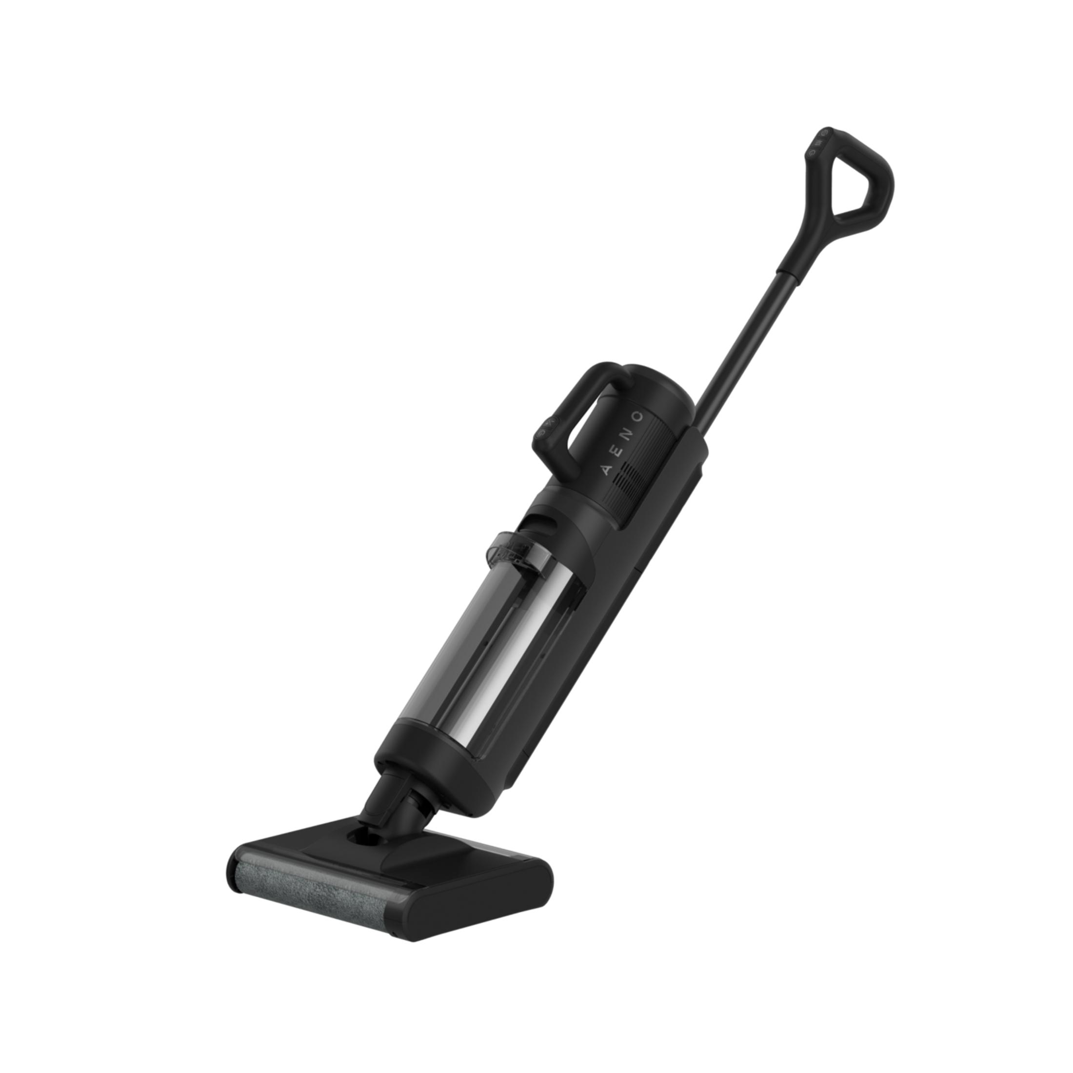 Czarny odkurzacz akumulatorowy z przezroczystym pojemnikiem na kurz i ergonomicznym uchwytem.