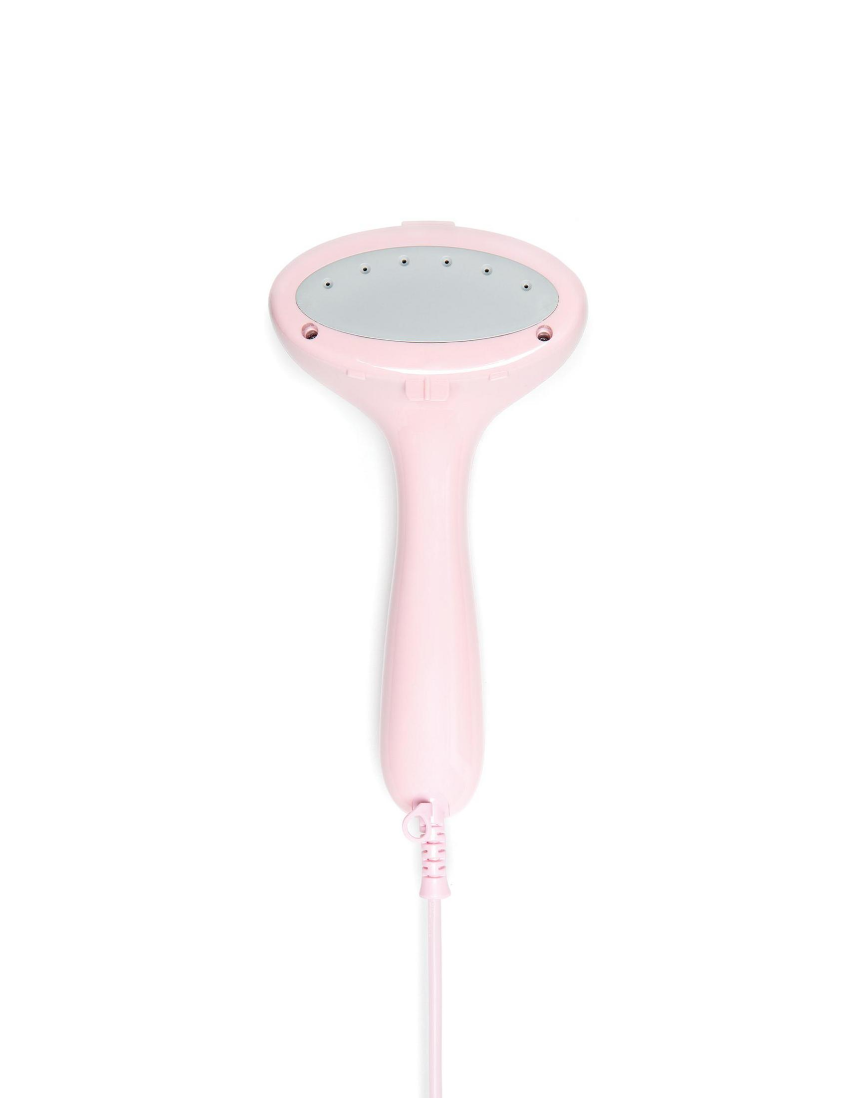 Ein rosa Hand-Dampfglätter mit einem silbernen Kopf und einem Kabel.
