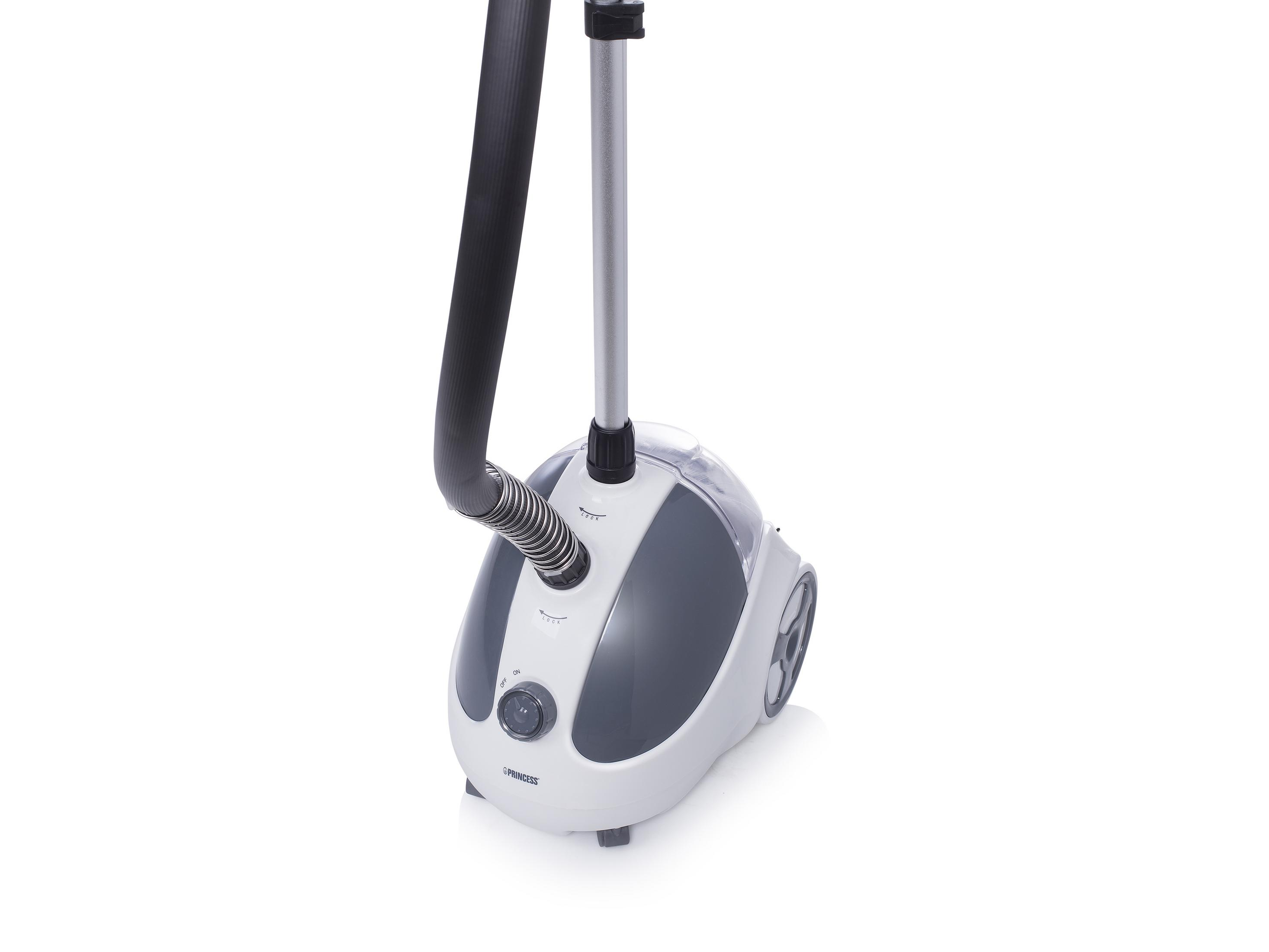 Un vaporizador de ropa blanco con detalles grises y manguera negra.