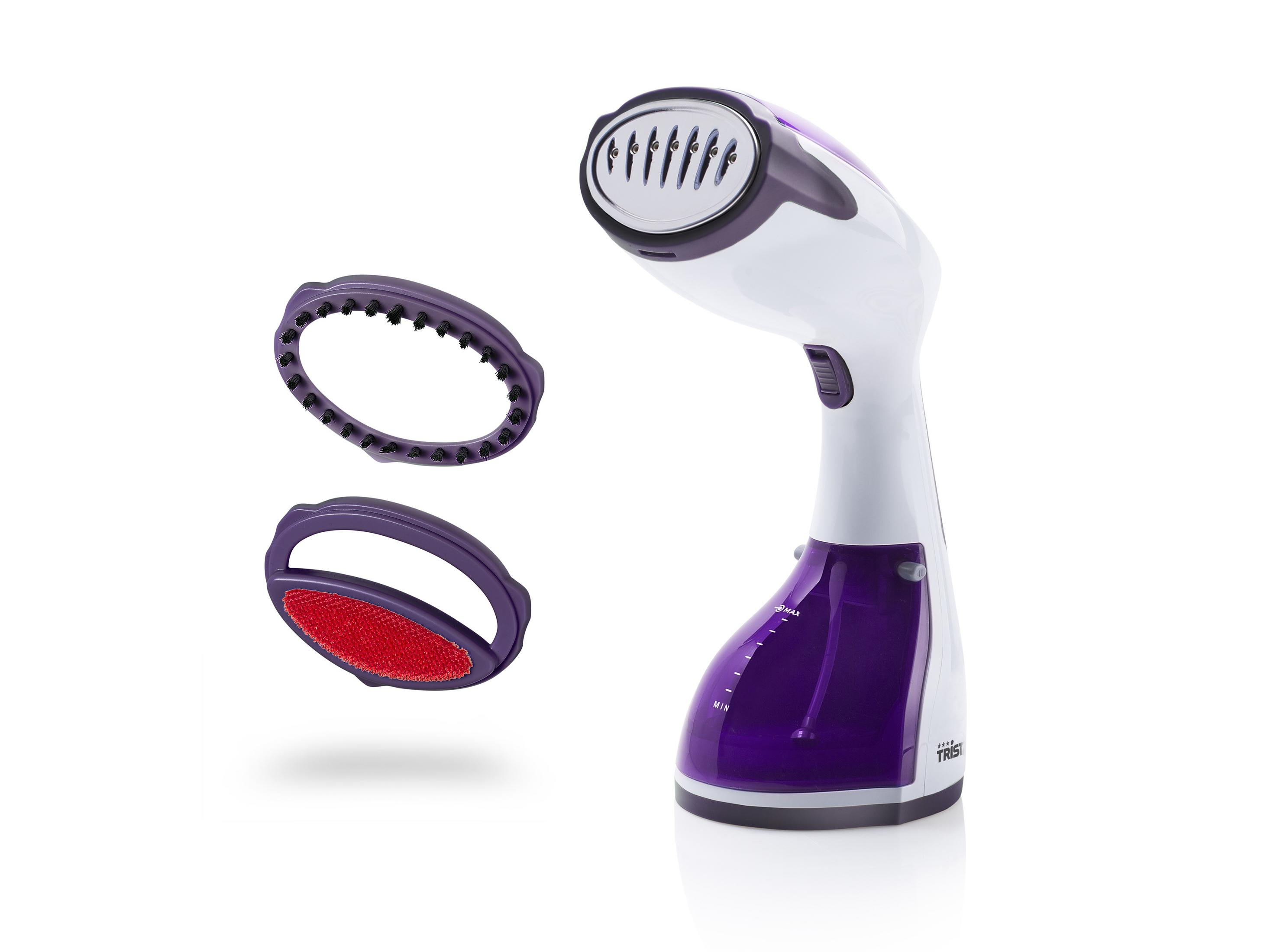 Un vaporizador de ropa portátil blanco y morado con dos accesorios.