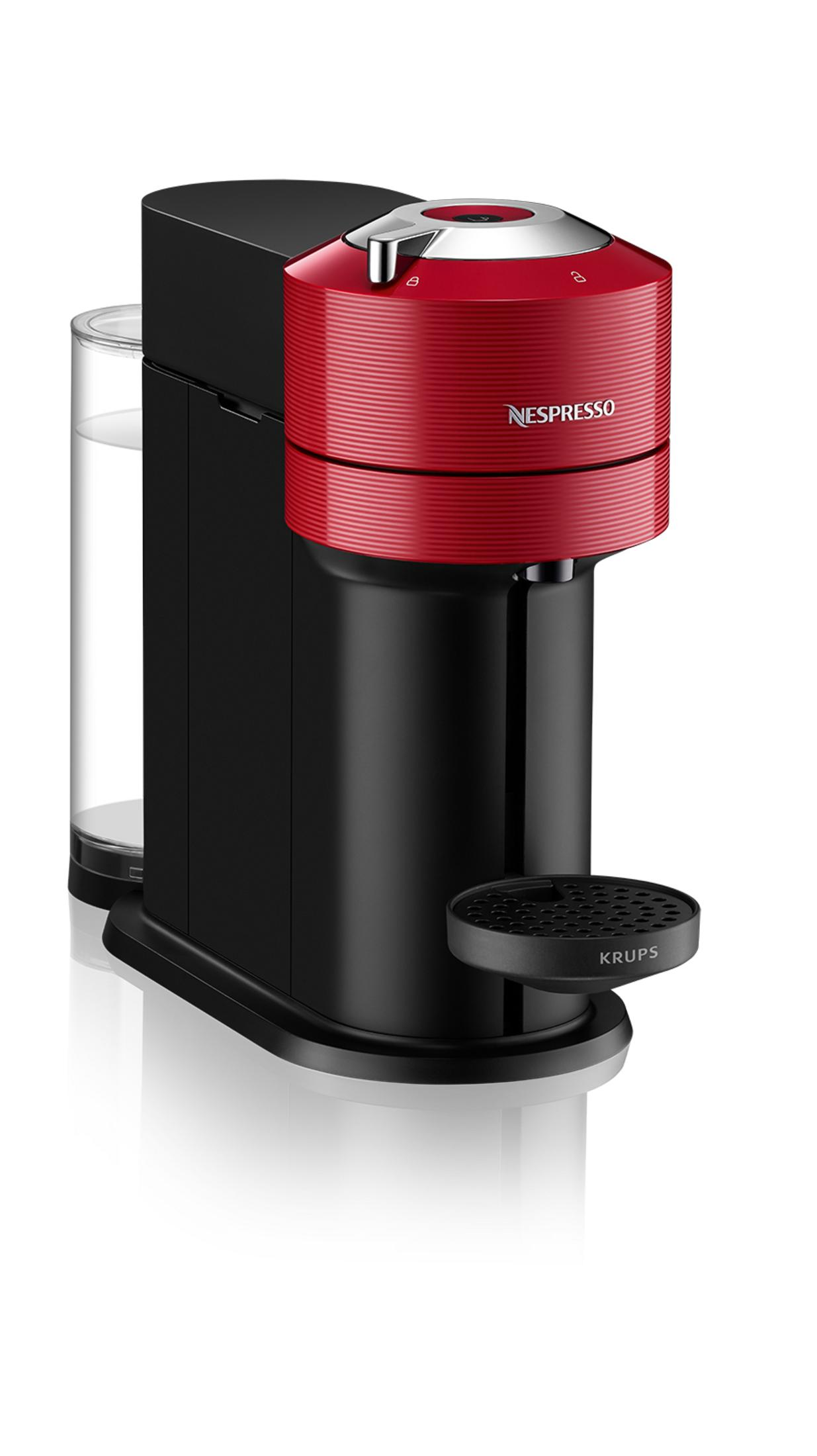 Una macchina da caffè Nespresso rossa e nera con serbatoio dell'acqua.