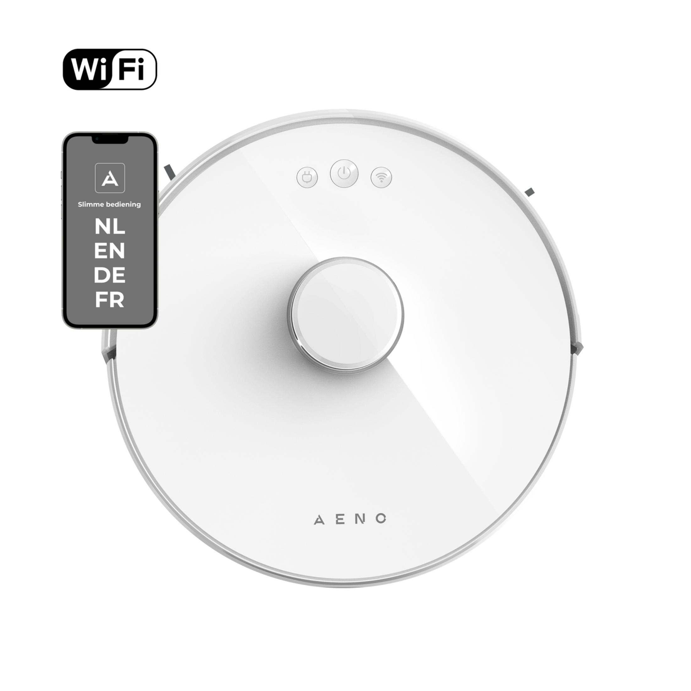 Biały robot sprzątający z ikoną Wi-Fi i wyświetlaczem aplikacji.