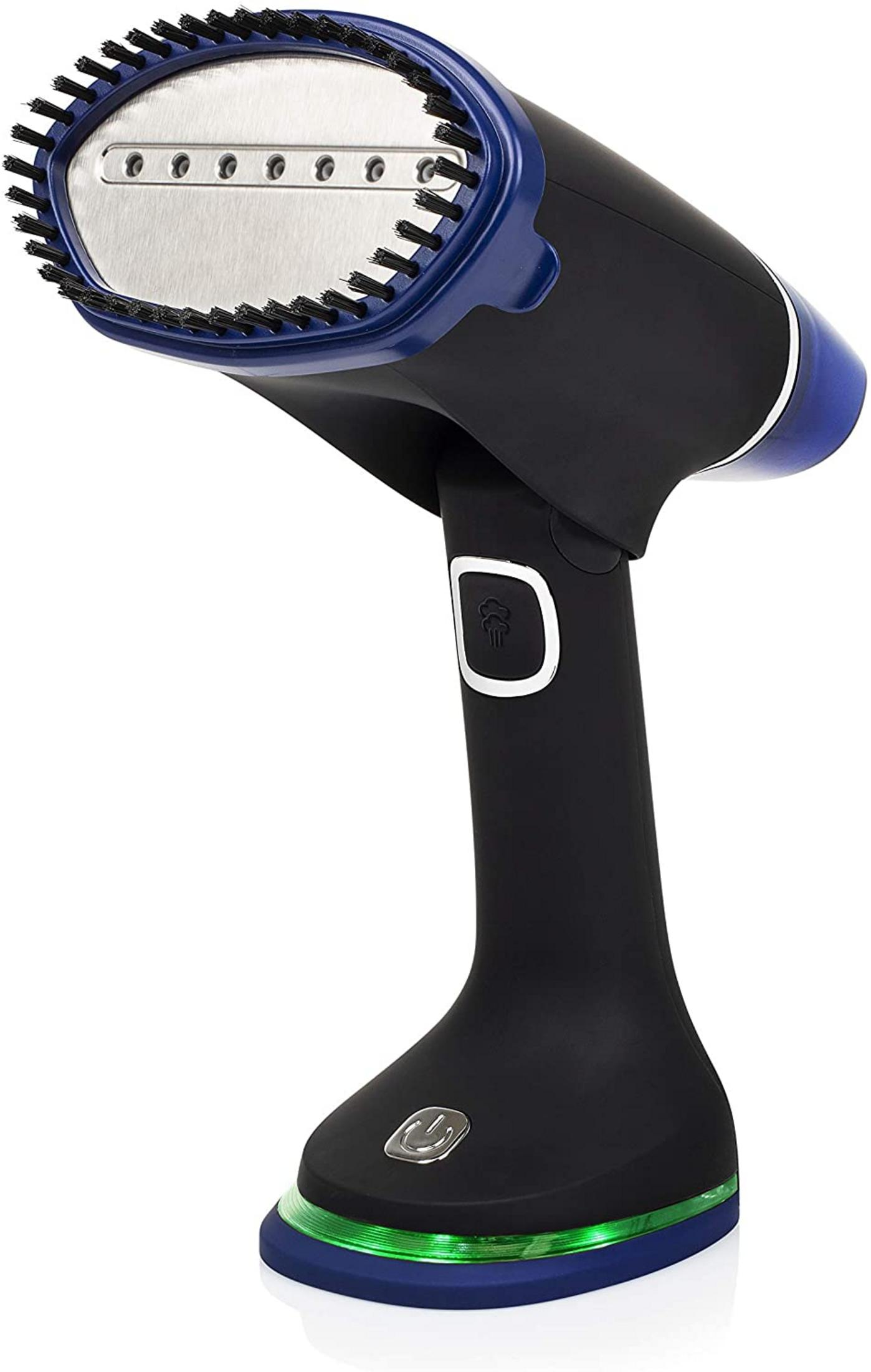 Vaporizador de mano negro con borde azul, placa de metal y cepillos.