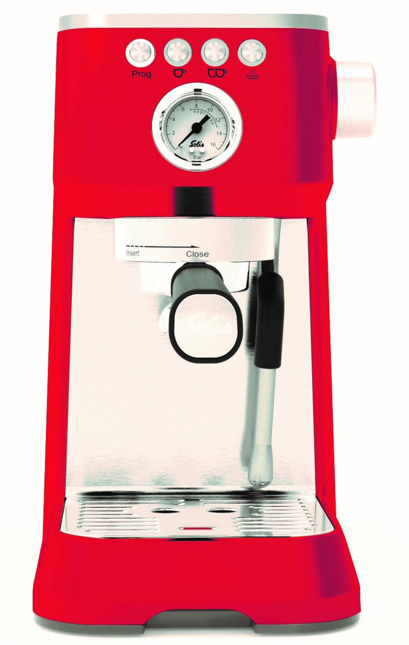 Rote Espressomaschine mit Manometer, Knopf und Dampfdüse.