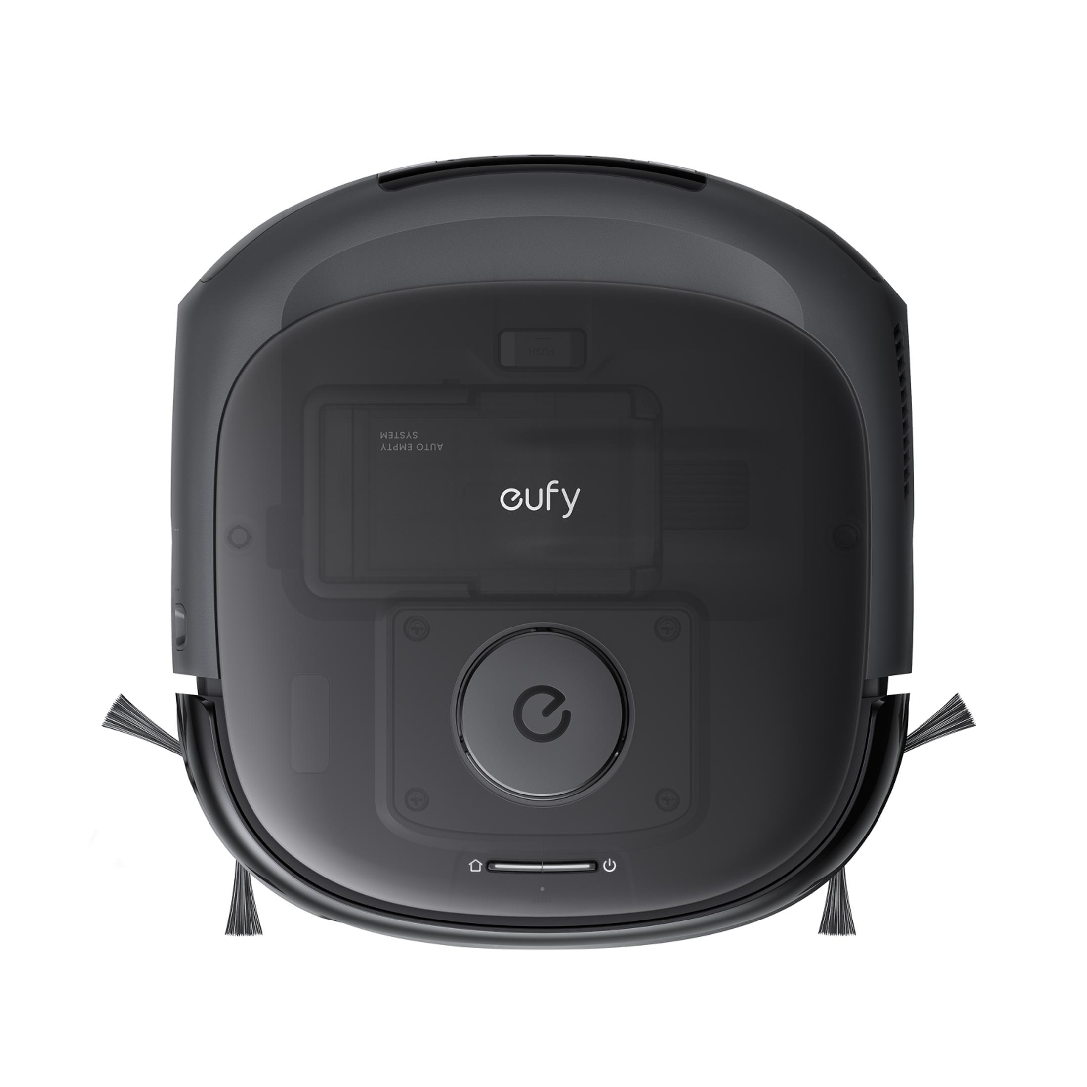 Czarny robot sprzątający z bocznymi szczotkami i logo Eufy.