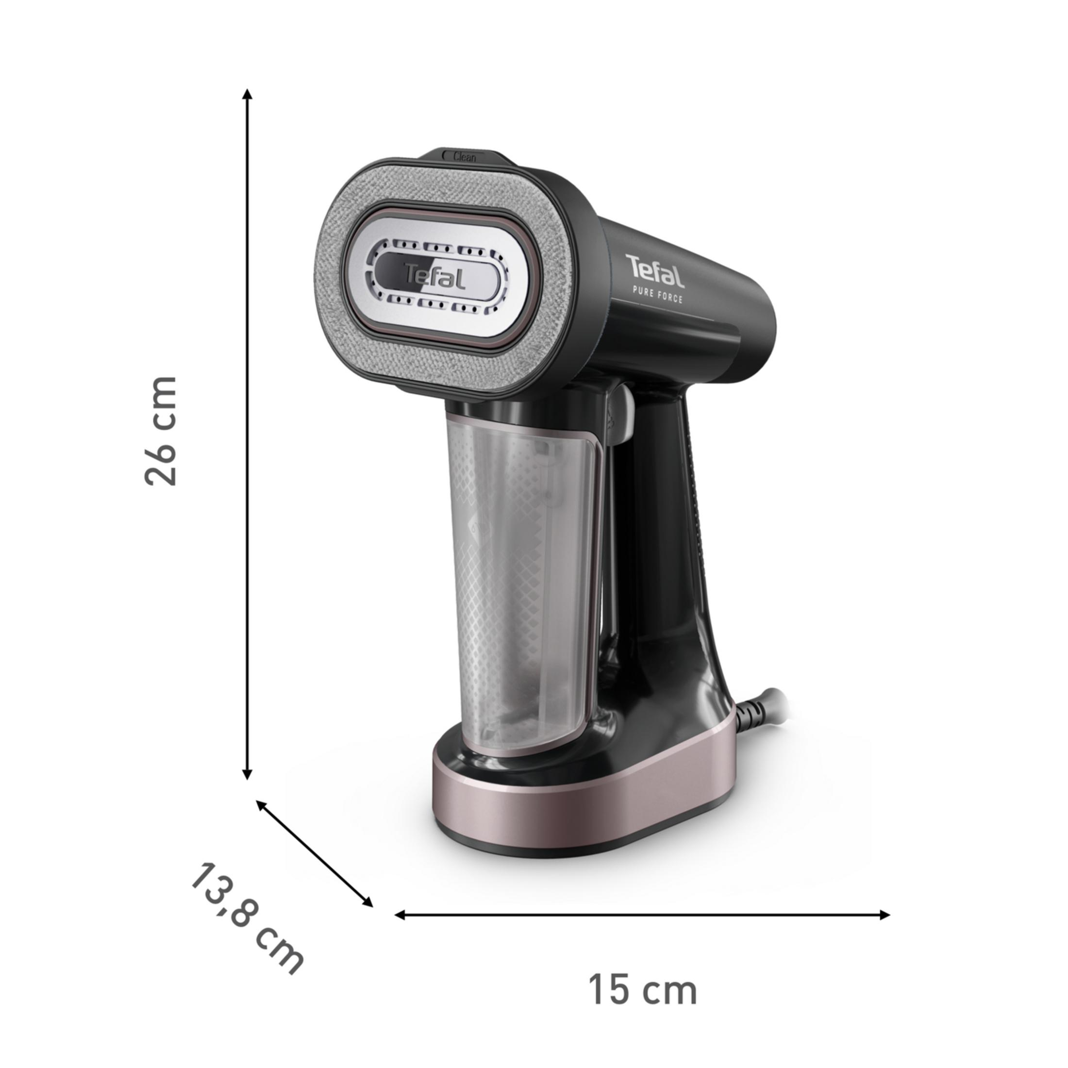 Vaporiera Tefal nera con serbatoio acqua trasparente e dettagli oro rosa.