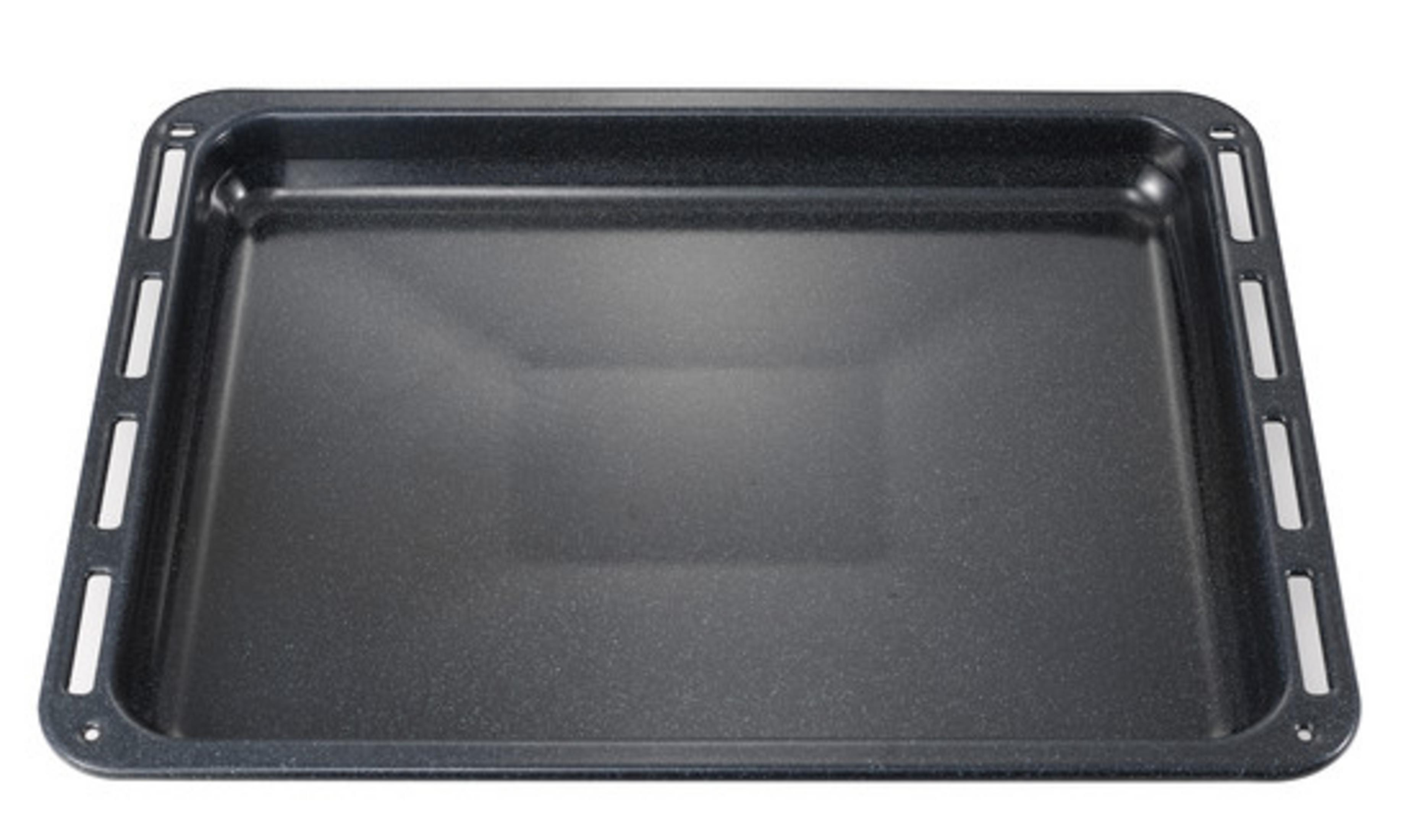 A rectangular, dark baking sheet with slightly raised edges and slots.
