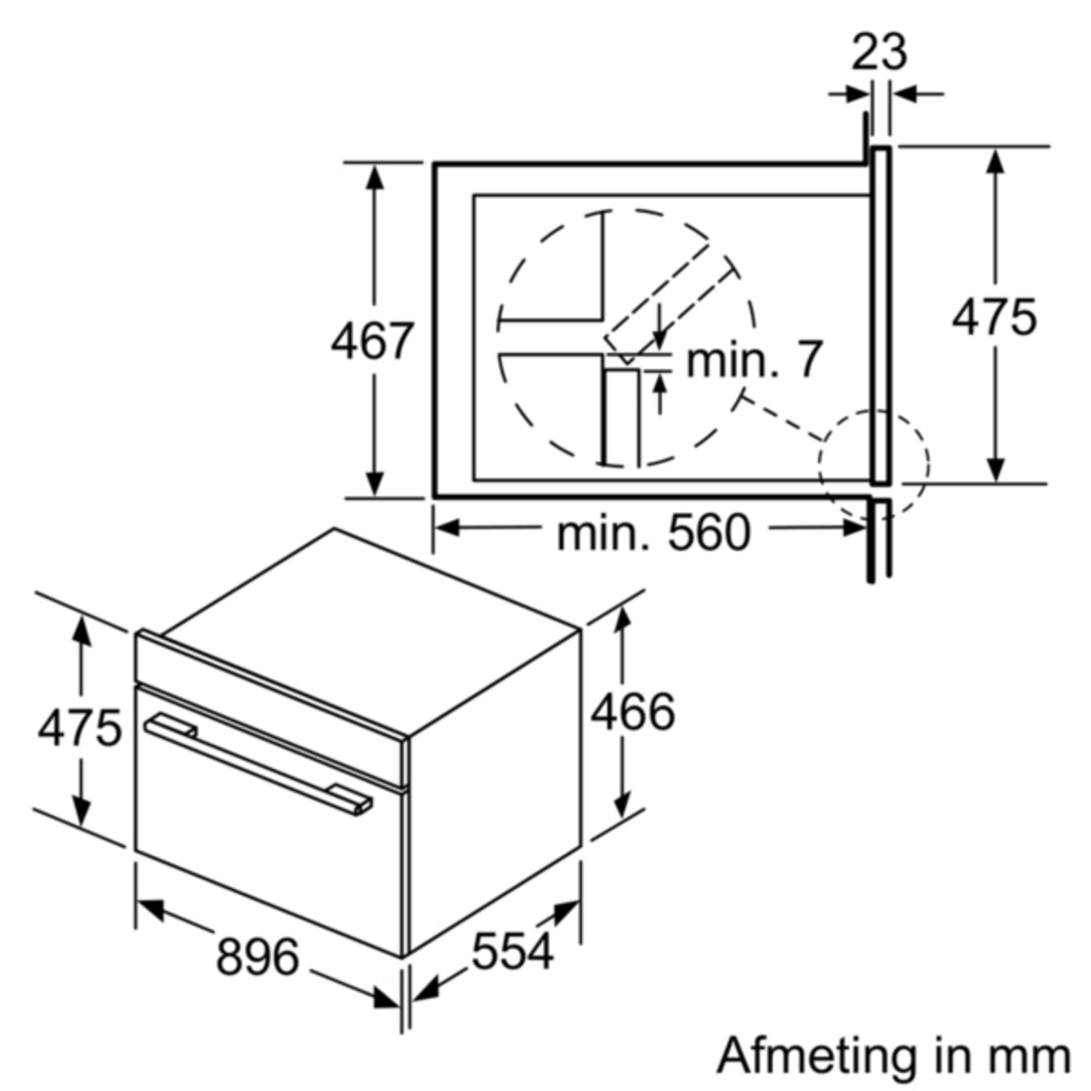 Technical drawing of a built-in oven with dimensions in mm.