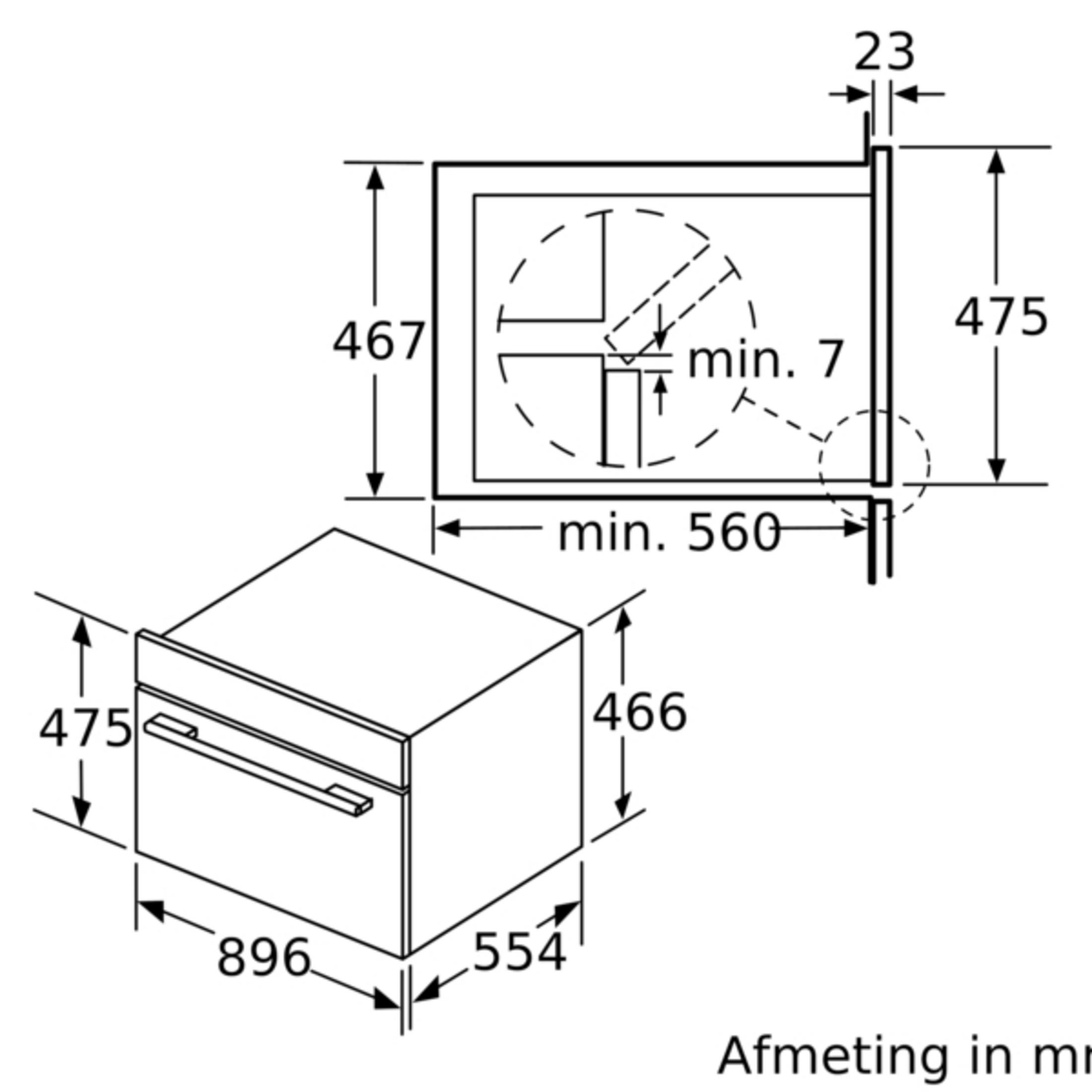 Technical drawing of a built-in oven with dimensions in mm.