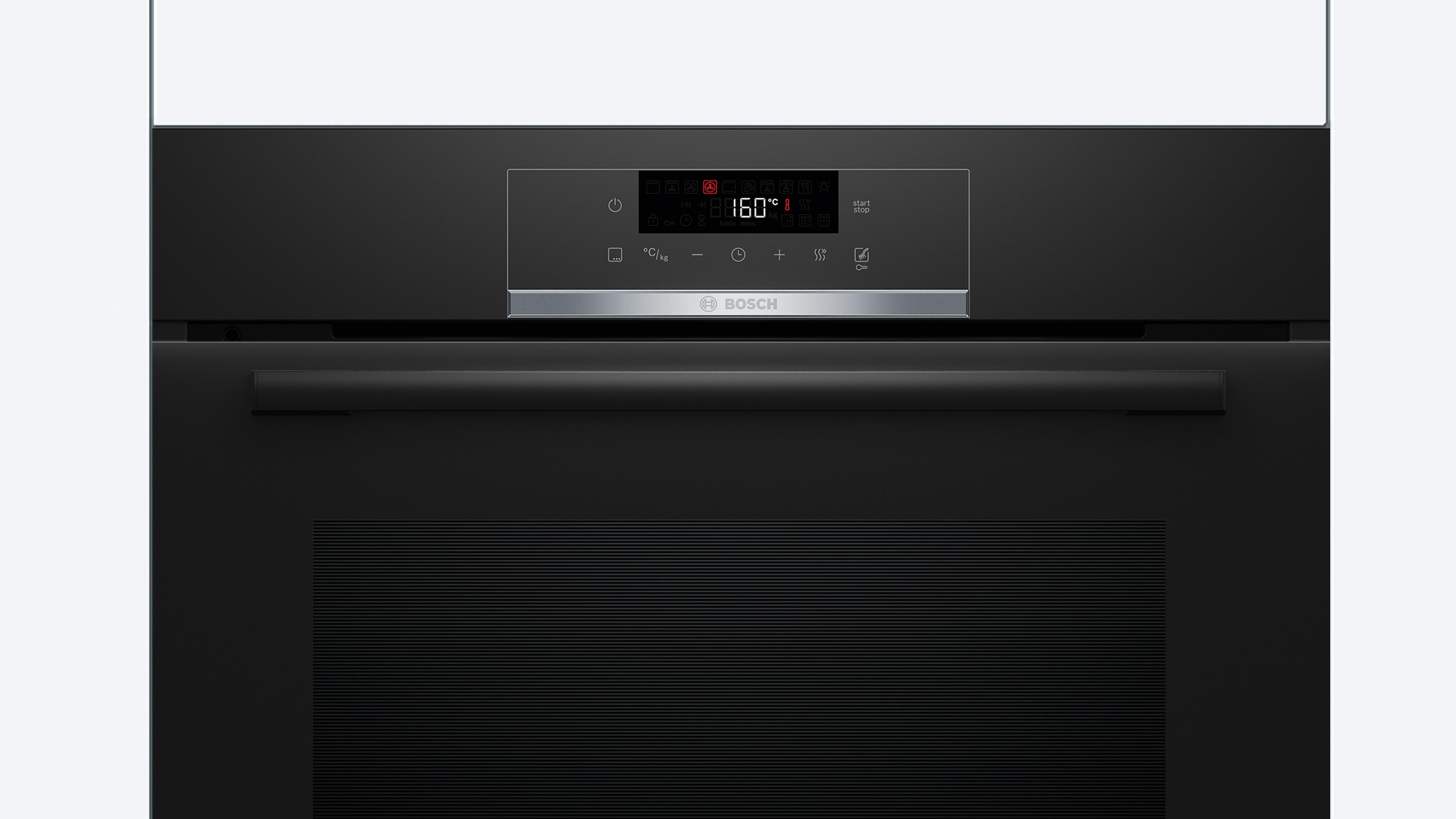 Un pannello di controllo del forno Bosch nero con display digitale che mostra 160 gradi.