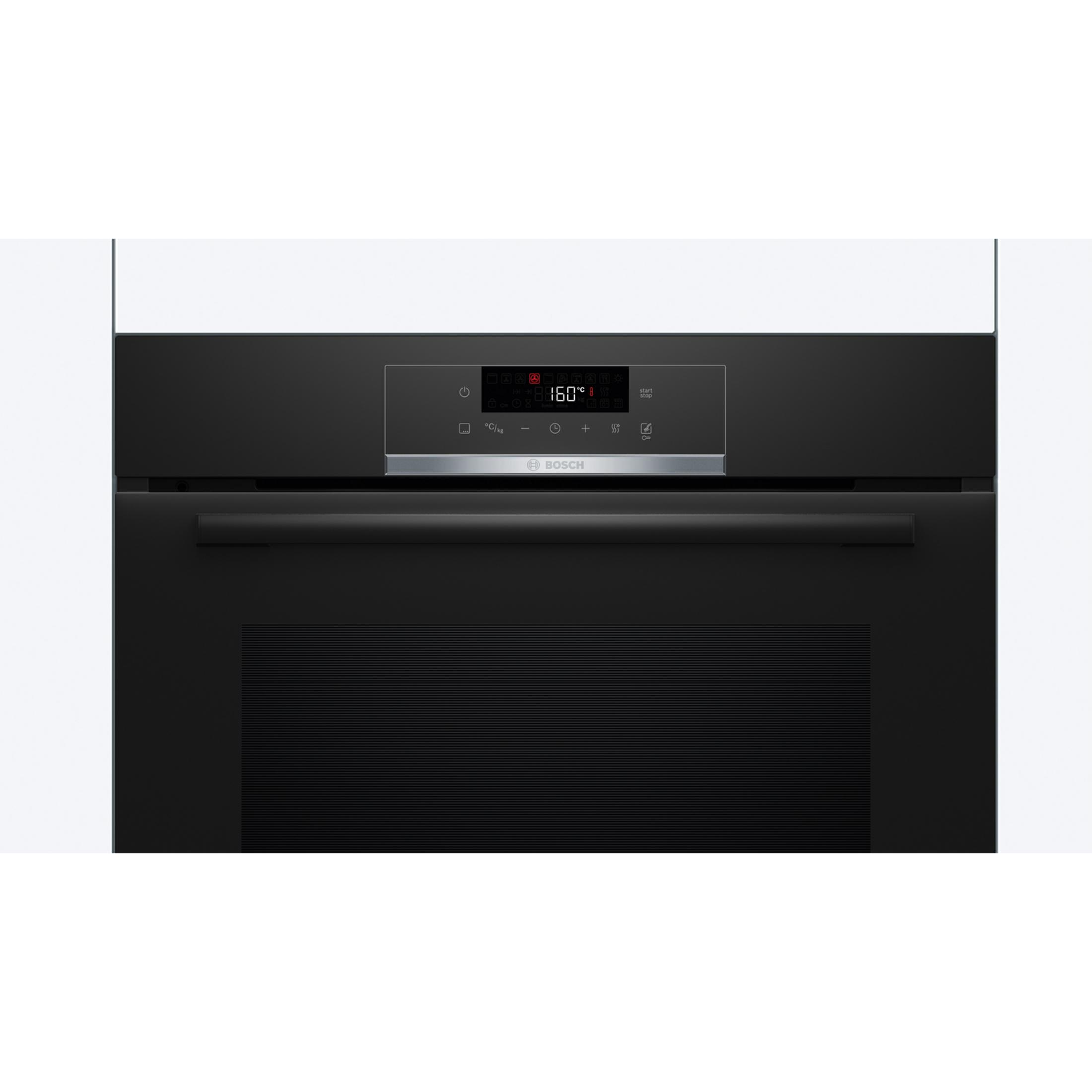 Forno nero moderno con display digitale e pulsanti di controllo.