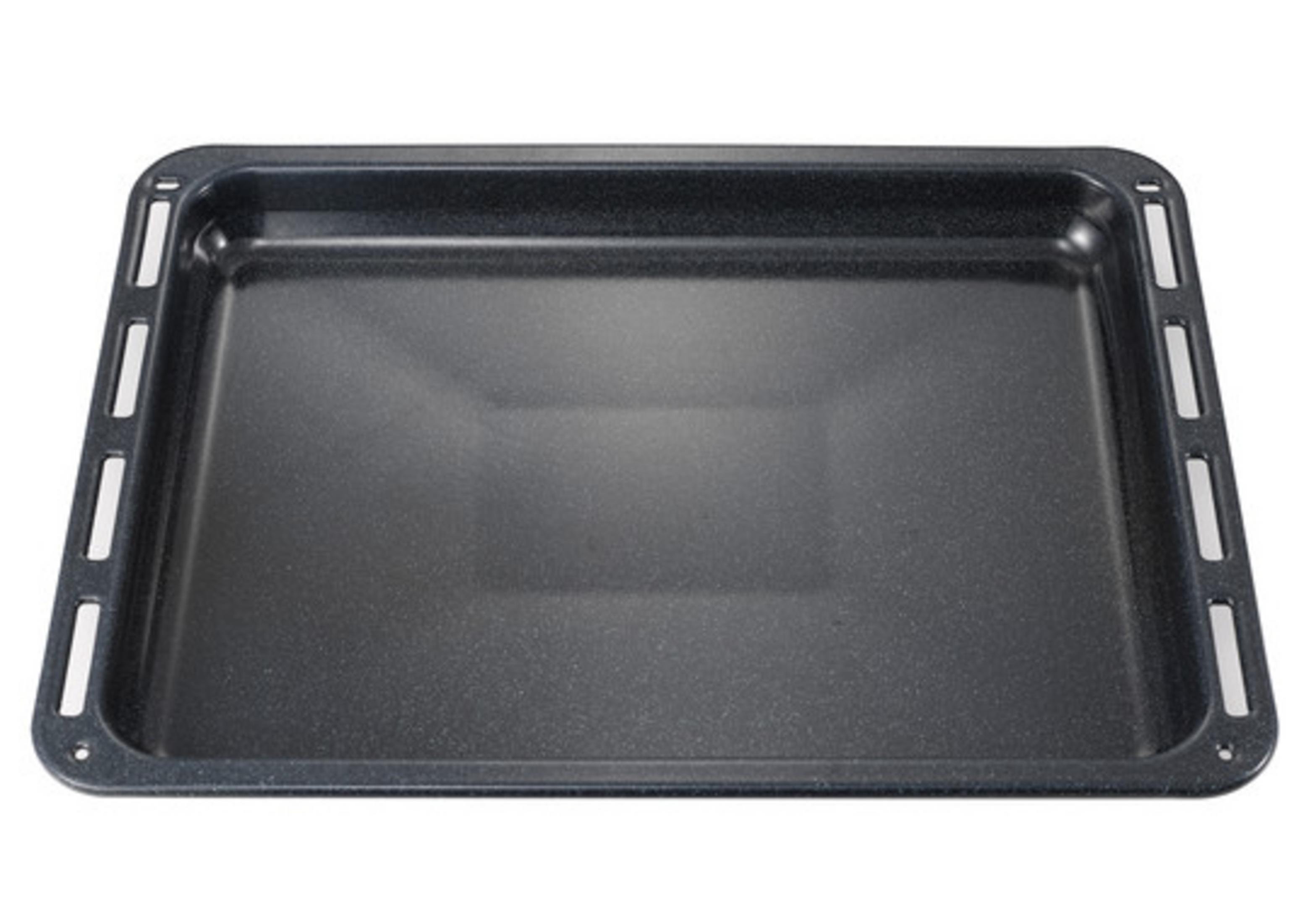 An empty, rectangular, dark gray baking tray with slightly raised edges.