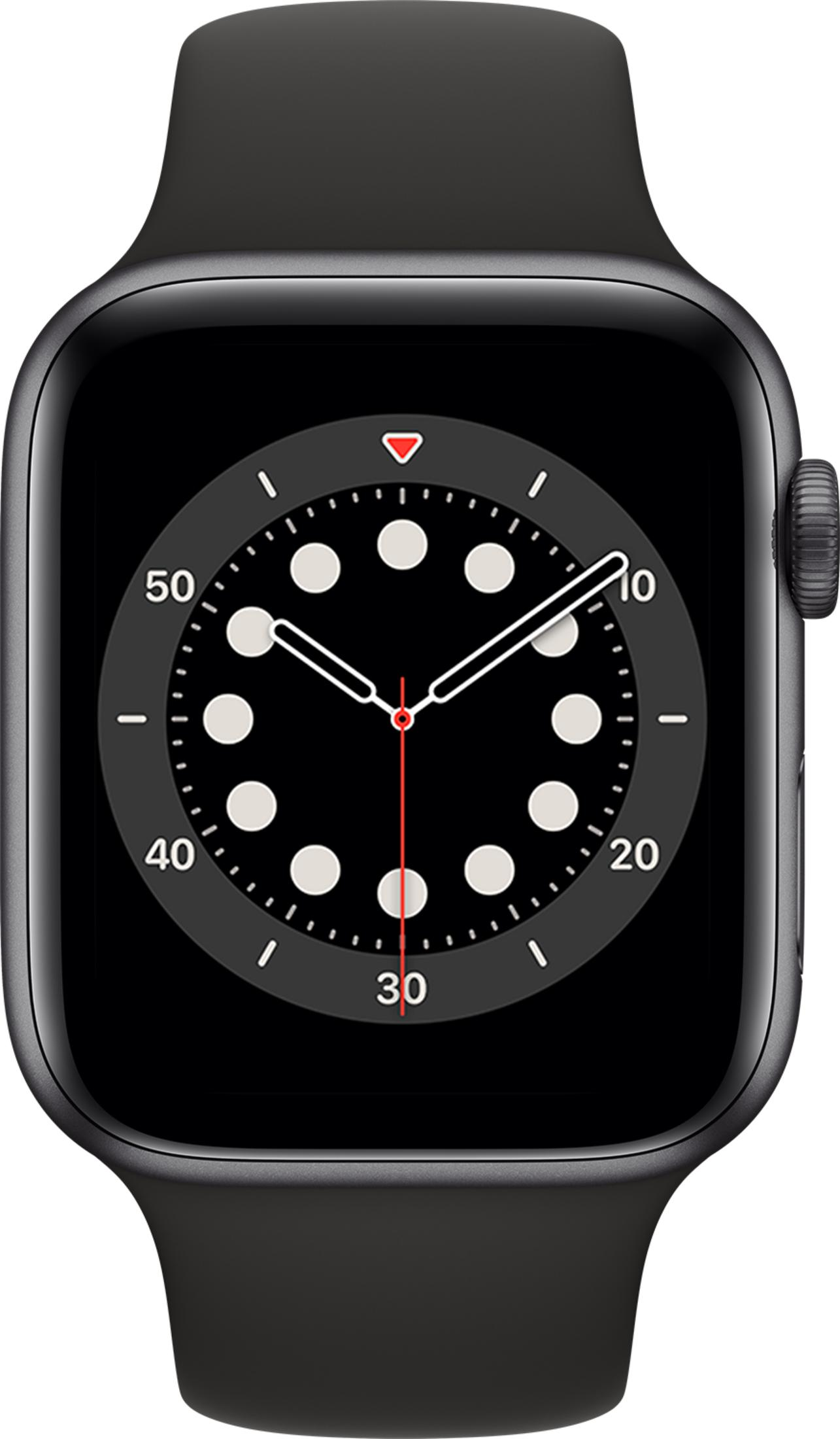 Eine schwarze Smartwatch mit einem schwarzen Zifferblatt und weißen Punkten.