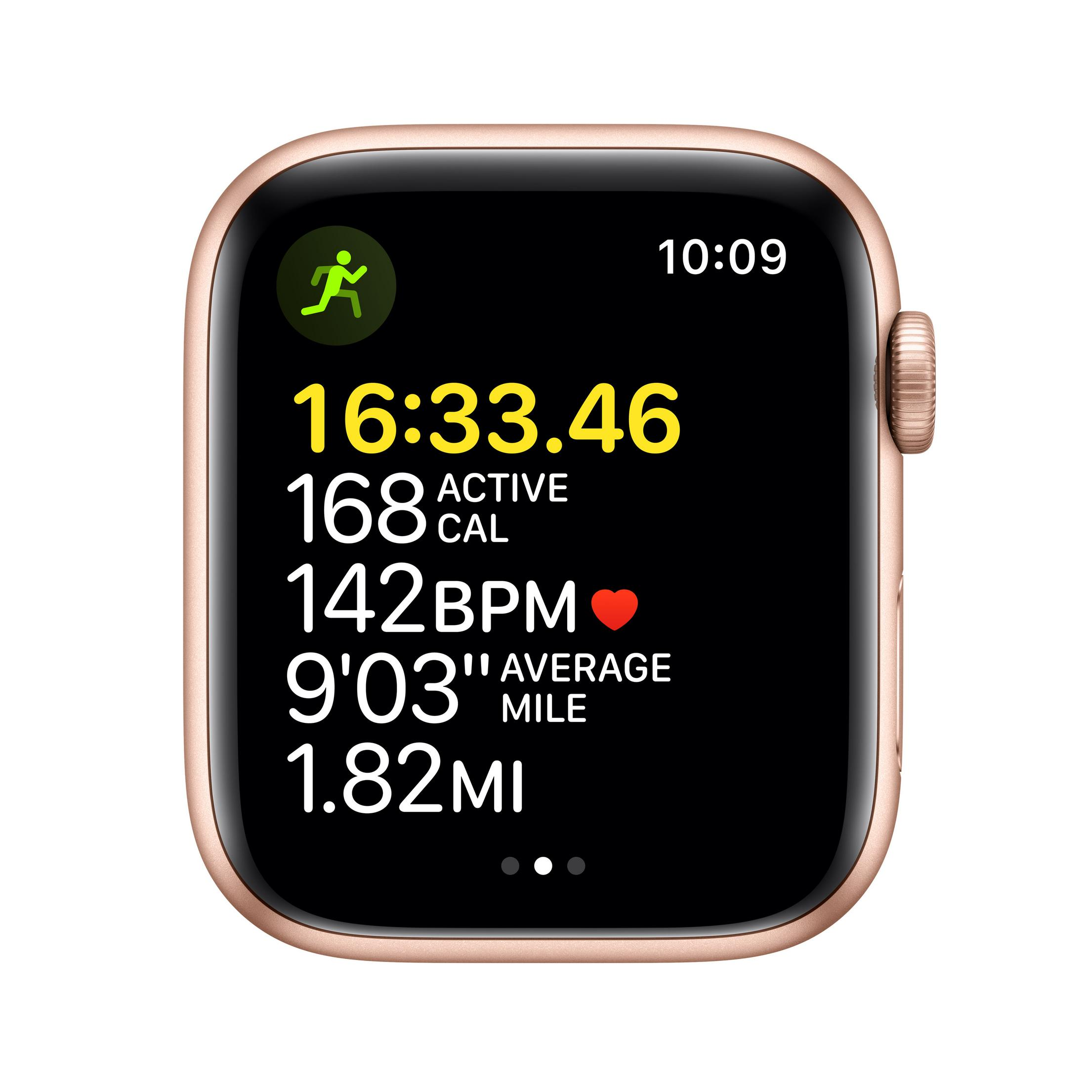Reloj inteligente dorado muestra estadísticas de carrera: 16:33 tiempo, 168 kcal, 142 BPM.