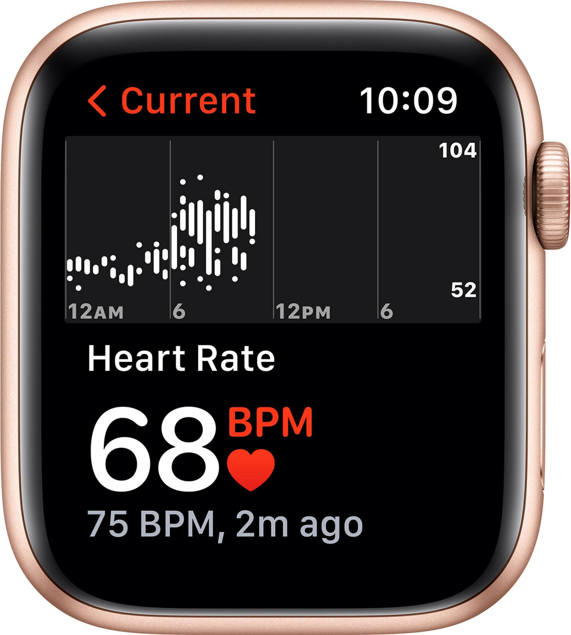 Apple Watch muestra Frecuencia Cardíaca: 68 LPM actual, 75 LPM hace 2 min.