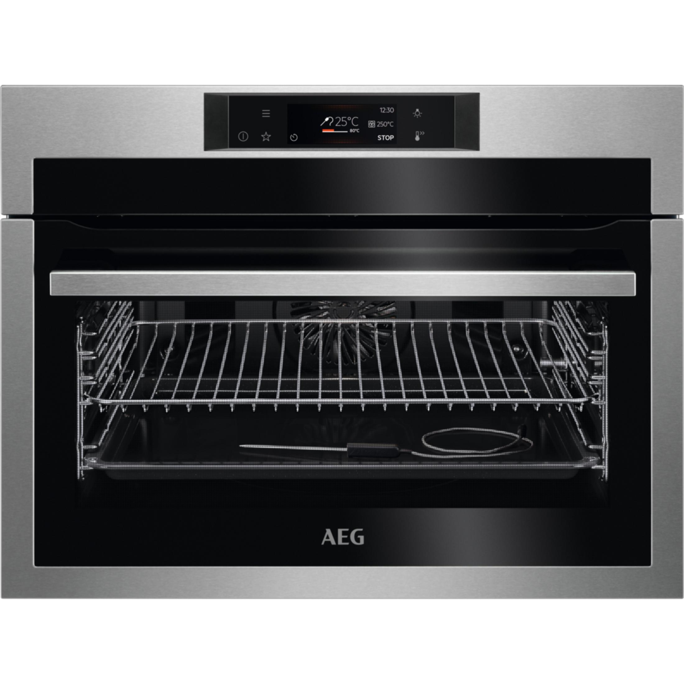Un horno AEG moderno con acabado de acero inoxidable y pantalla digital.