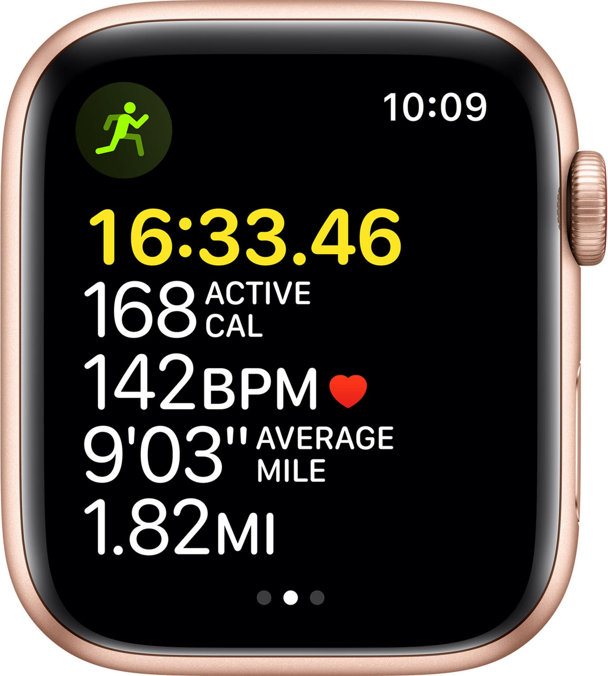 Apple Watch dorada muestra datos de entrenamiento: 16:33 duración, 168 calorías, 142 BPM, milla 9'03".