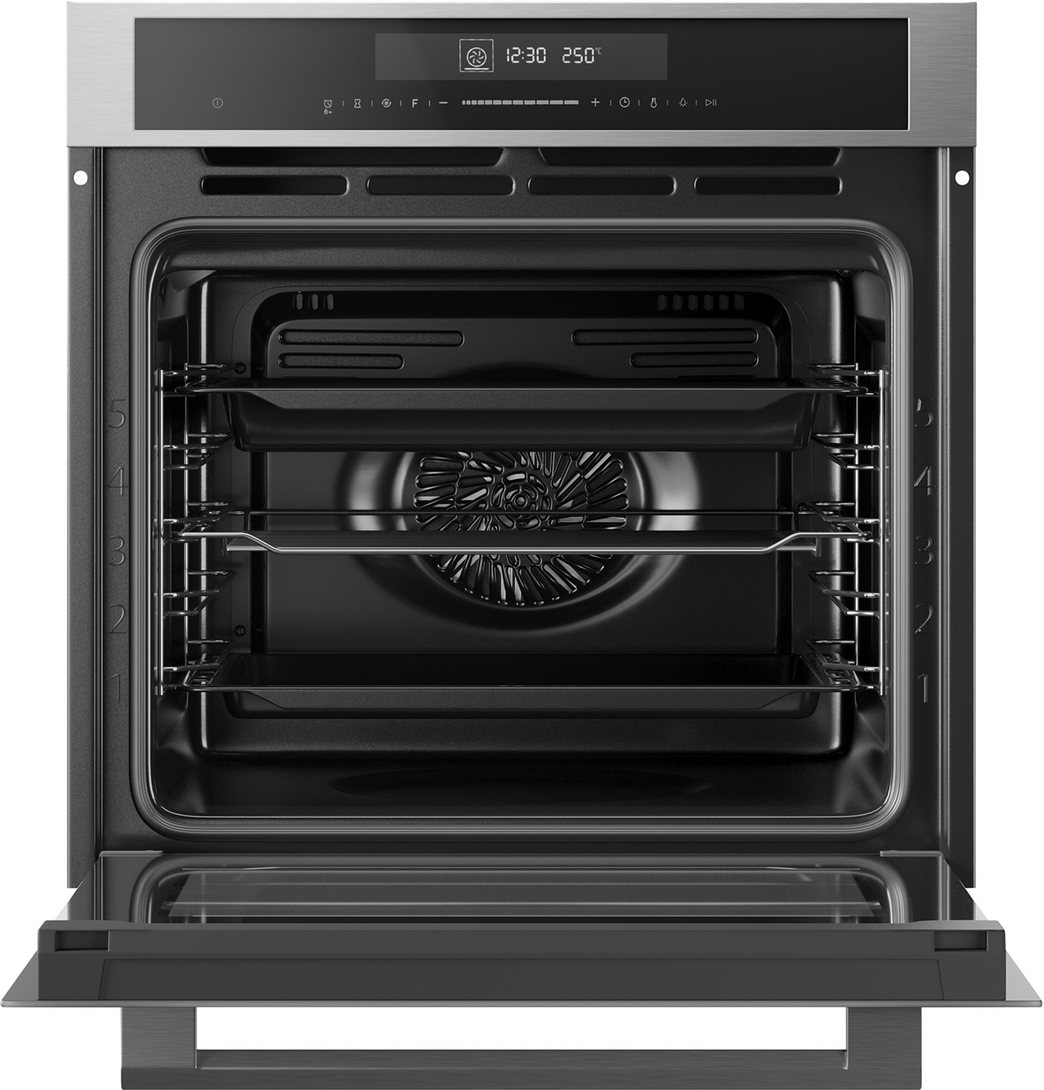 A modern built-in oven with an open door, showing the grill and racks inside.