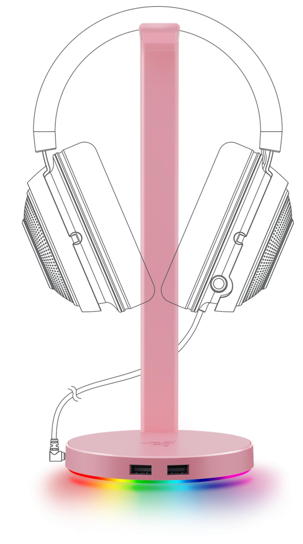 Un supporto per cuffie rosa con illuminazione RGB e due porte USB.