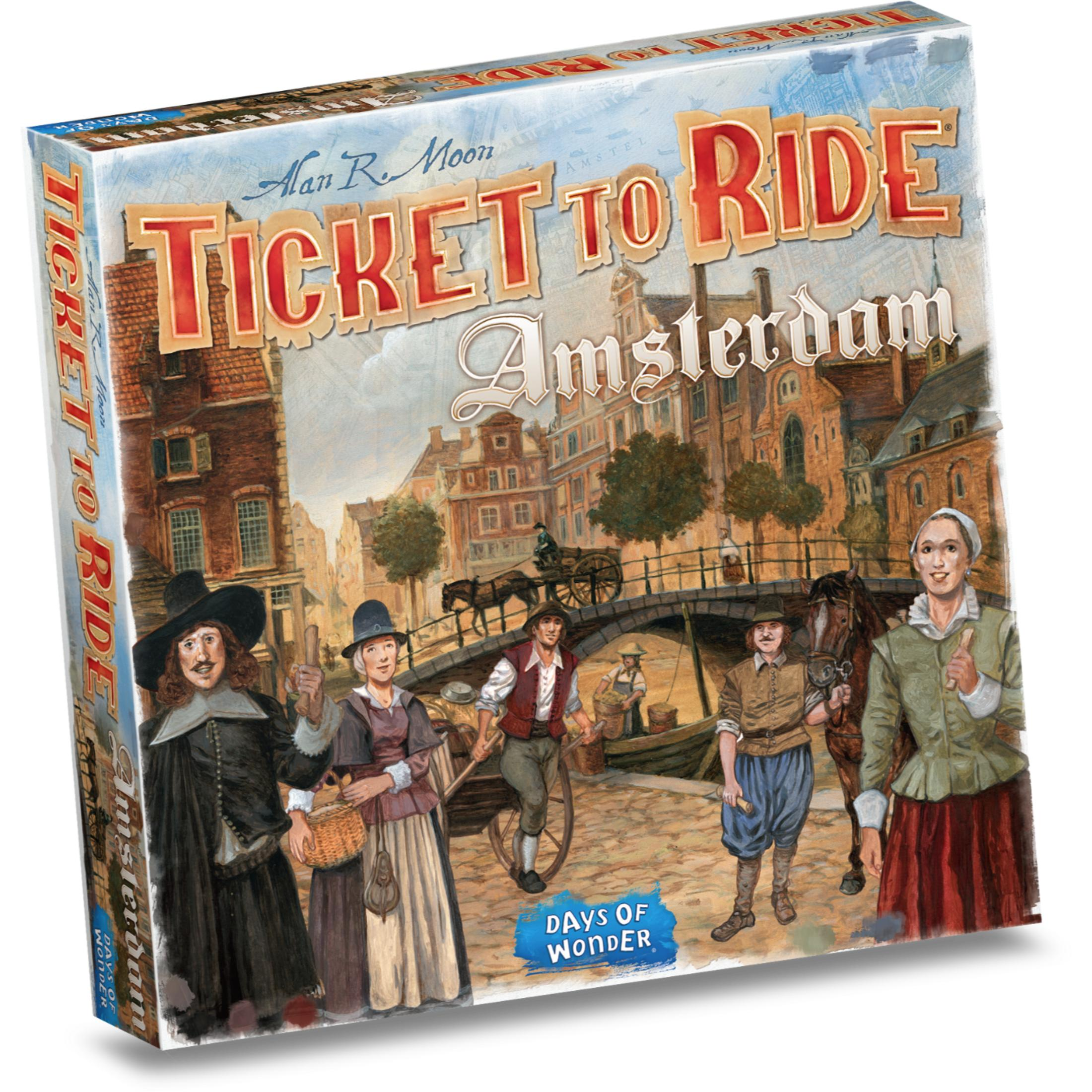 Bordspeldoos met een Nederlandse straatscène, grachten en mensen in historische kledij.