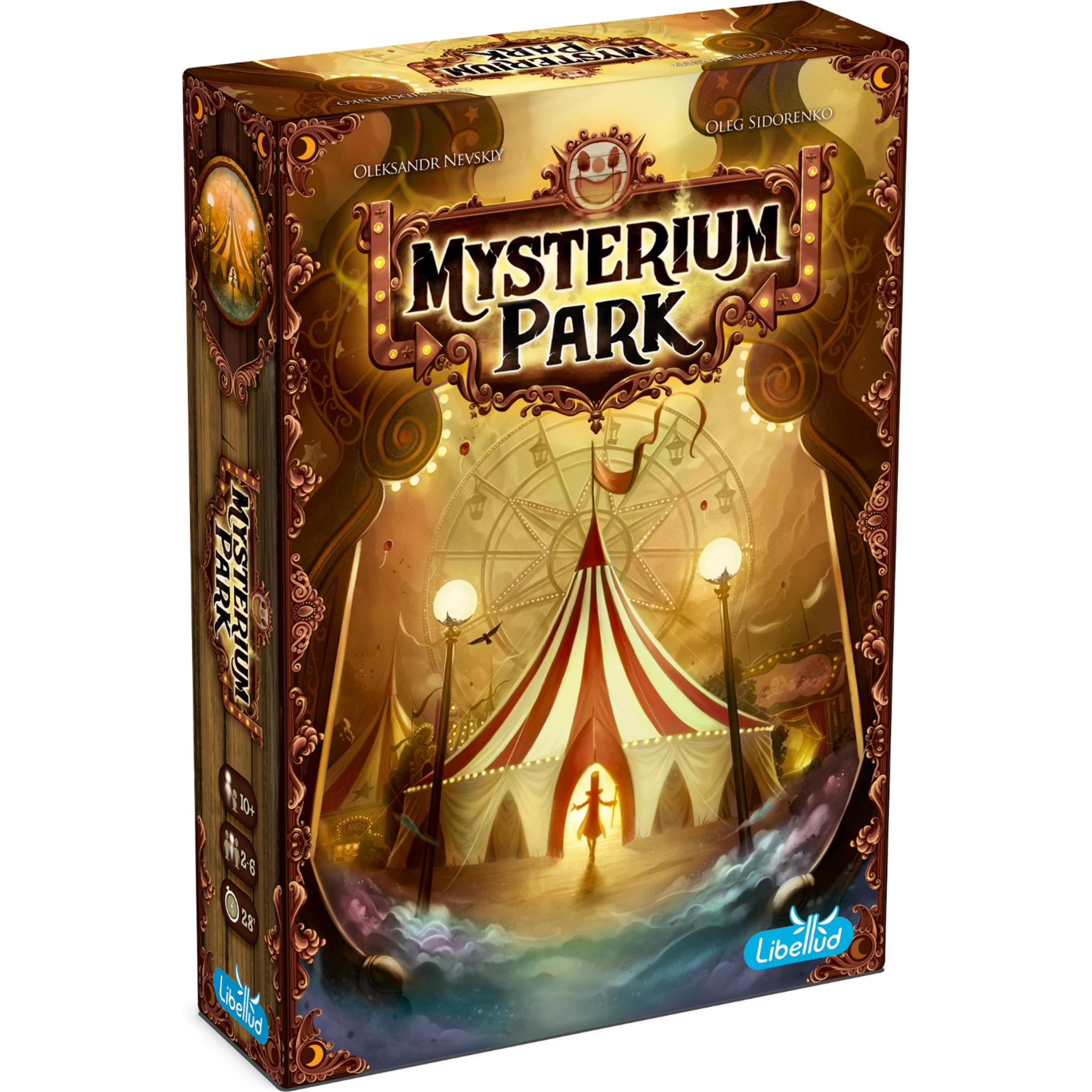 Boîte de jeu Mysterium Park sur le thème du cirque avec grande roue.