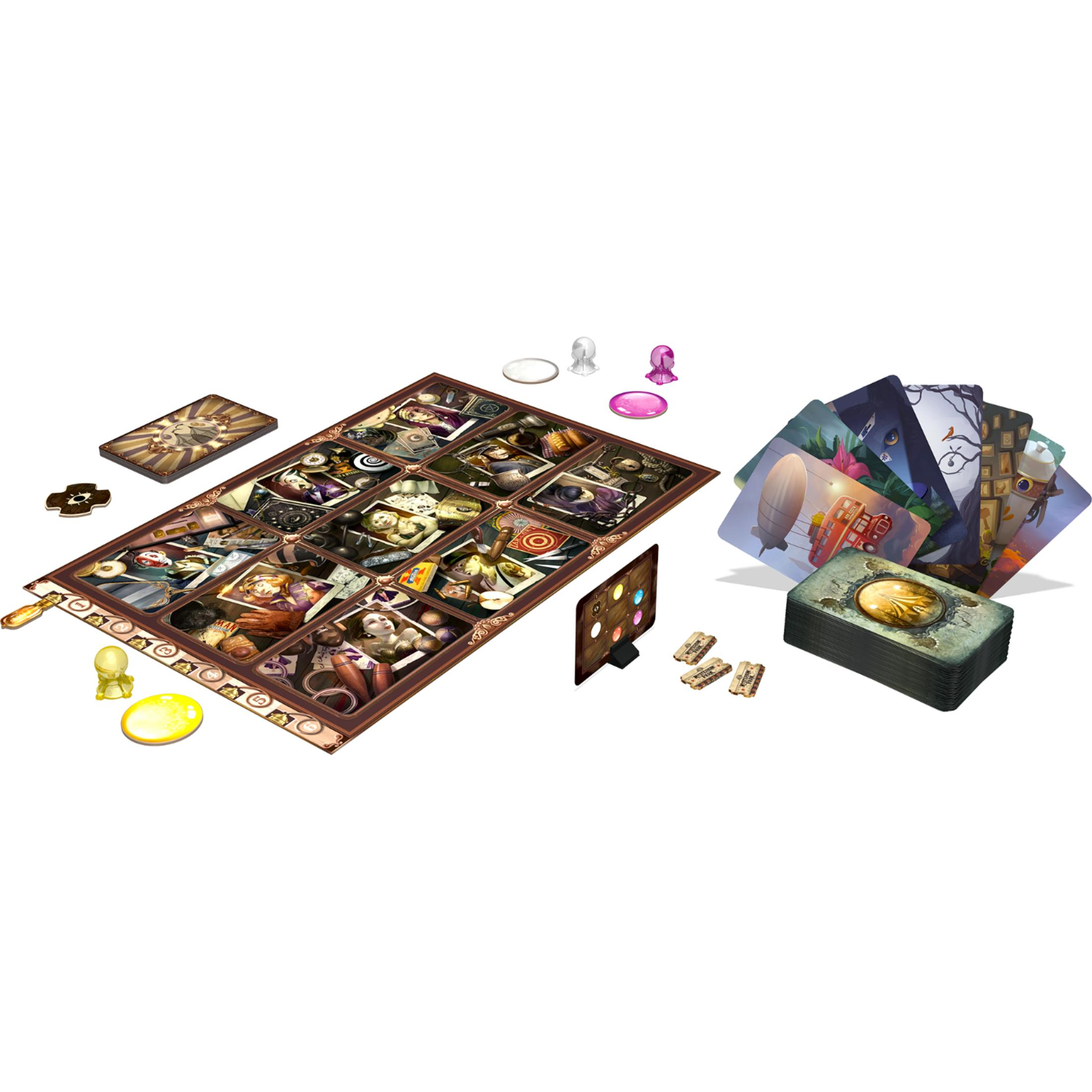 Jeu de société avec cartes, pions et un plateau de jeu avec de nombreuses petites images.
