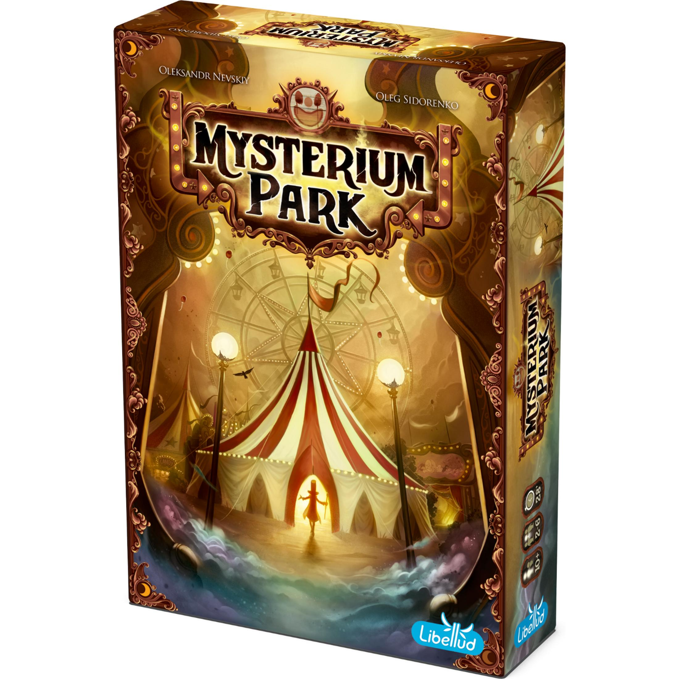 Boîte de jeu de société montrant une fête foraine avec un chapiteau, une grande roue et une personne.