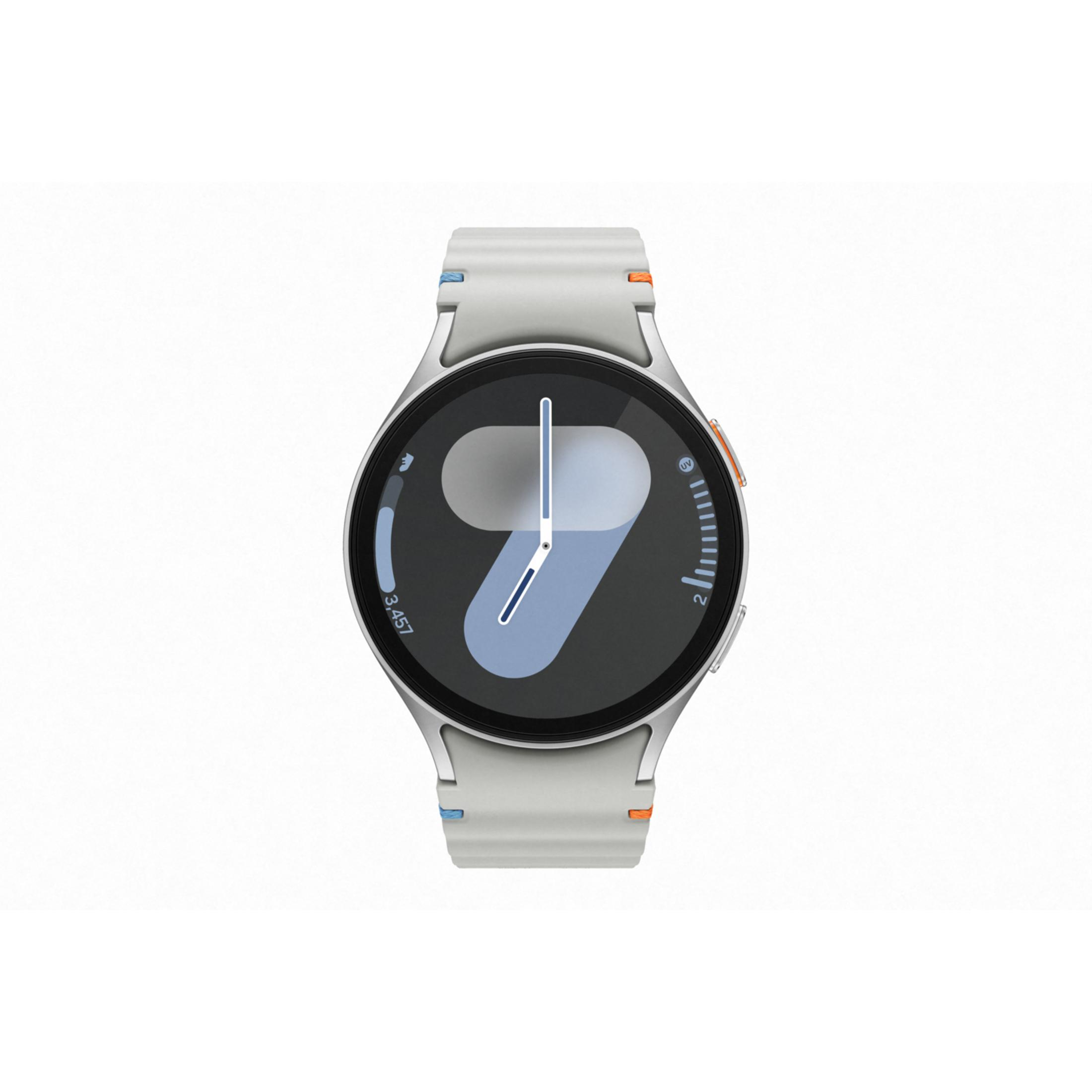 Uno smartwatch grigio che mostra un grande '9' e un quadrante con lancette.