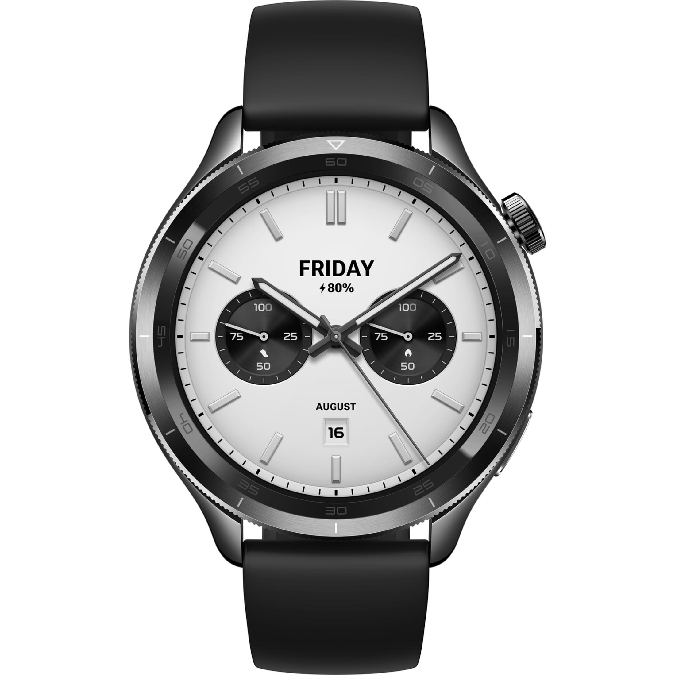 Smartwatch z białym cyferblatem, czarnymi paskami i wyświetlaczem daty.