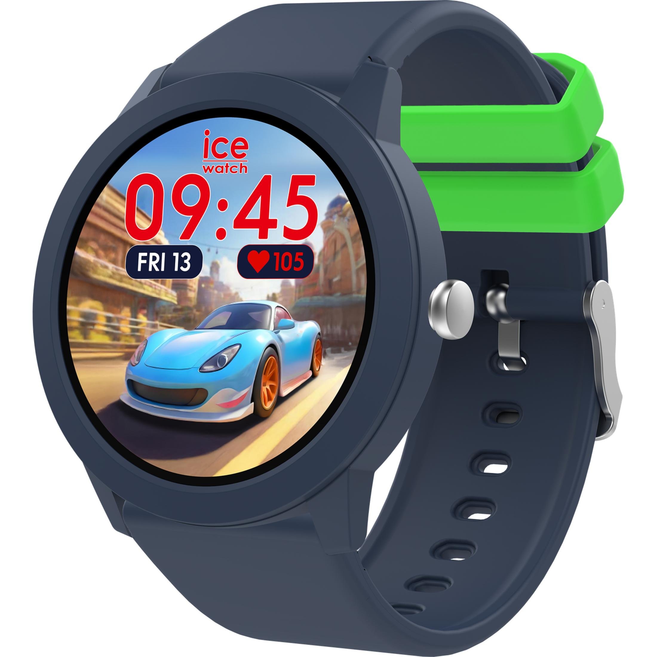 Eine blaue Smartwatch mit einem Auto-Zifferblatt und grünen Akzenten.