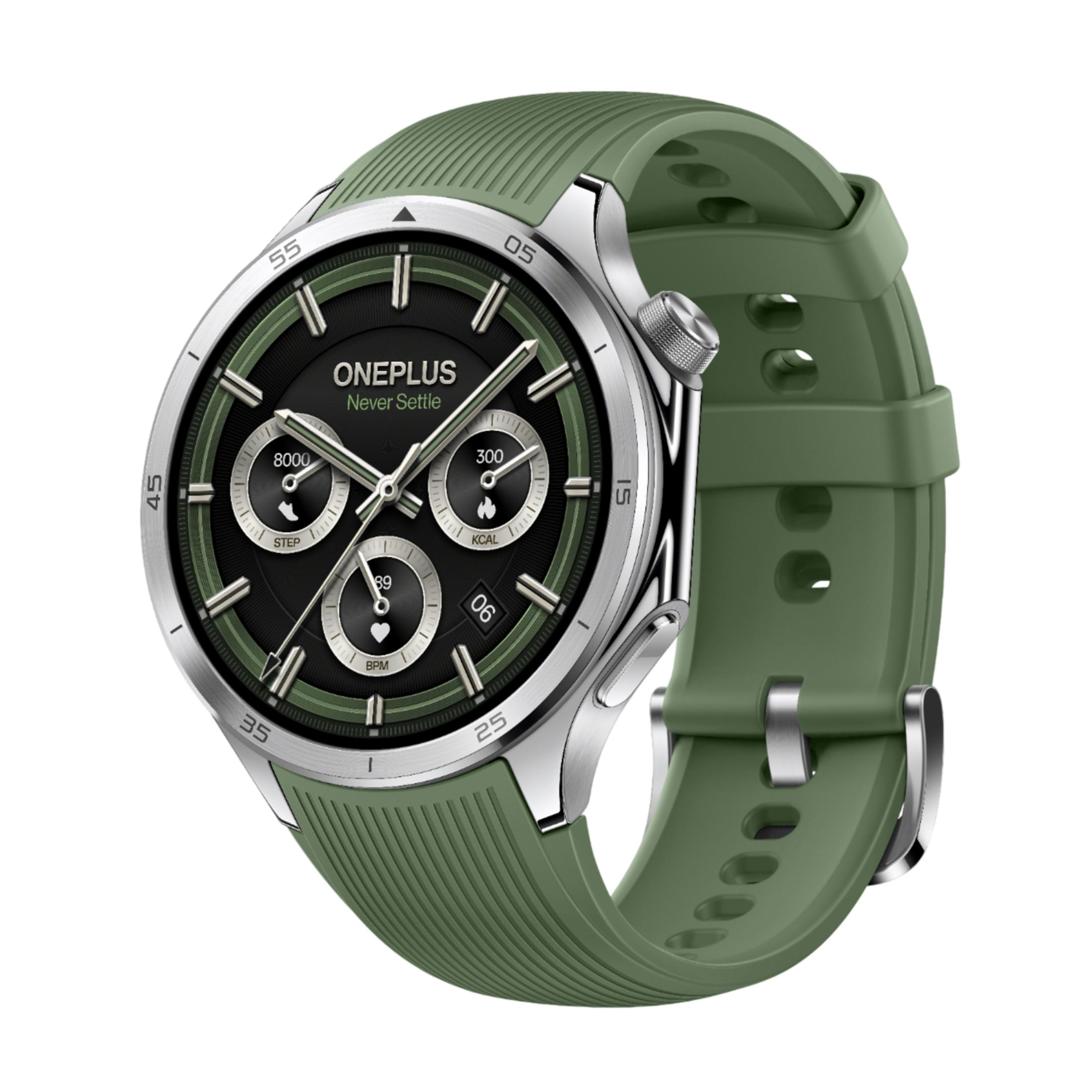 Zielony smartwatch ze srebrną obudową i czarną tarczą wyświetlającą statystyki.