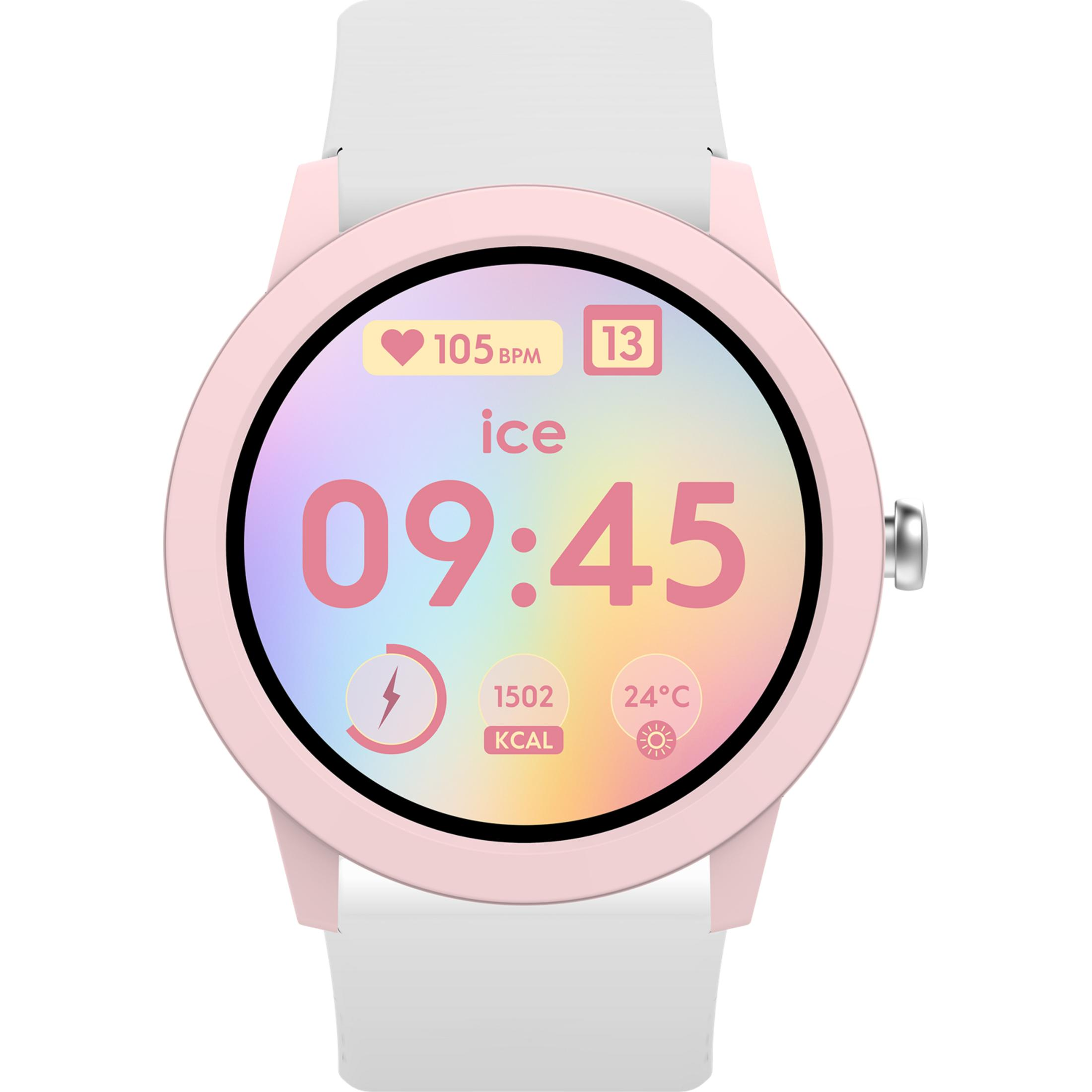 Eine rosa Smartwatch mit weißem Armband zeigt 09:45 Uhr, 105 BPM und 24°C an.