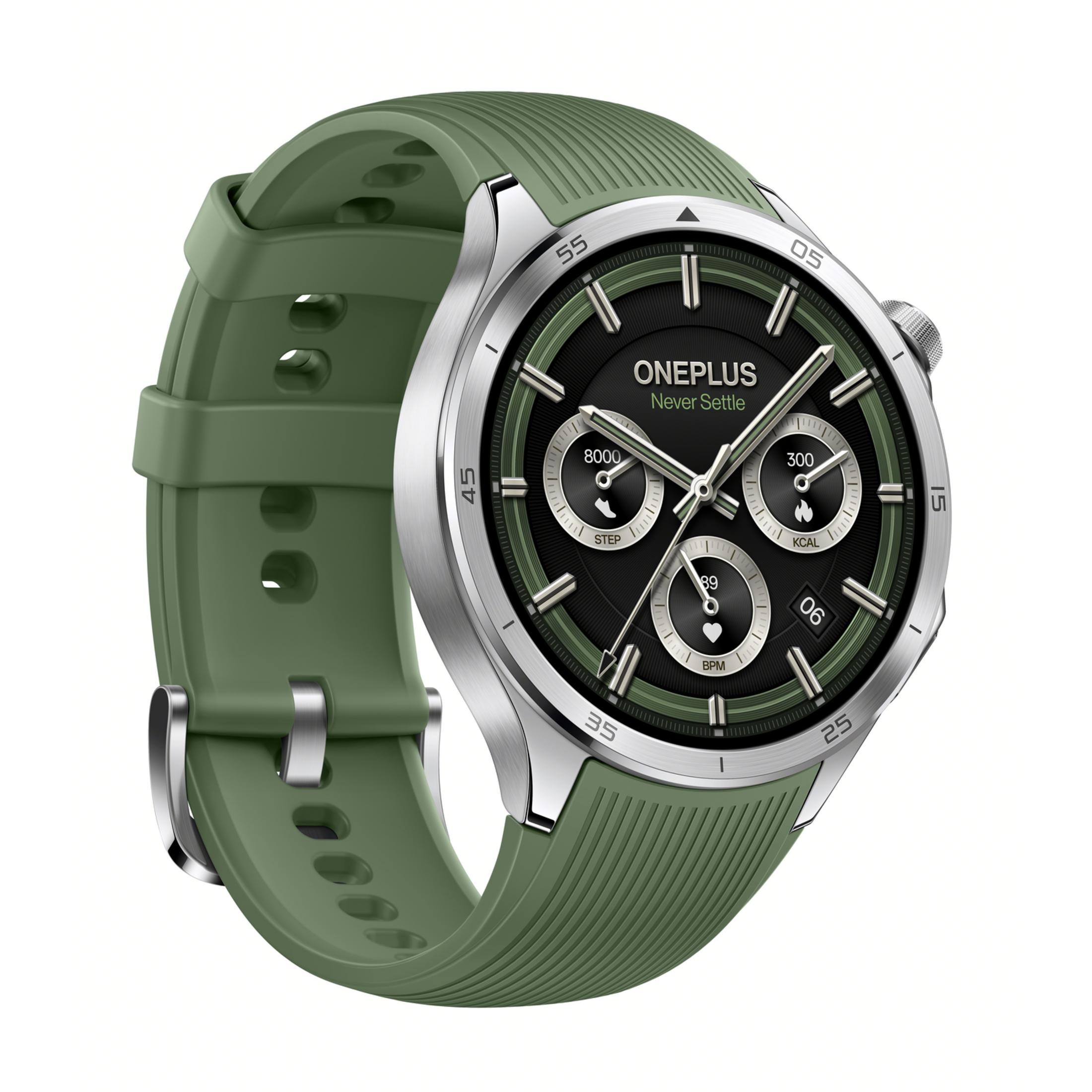 Zielony smartwatch OnePlus ze srebrną ramką i czarną tarczą pokazującą kroki, kcal i BPM.