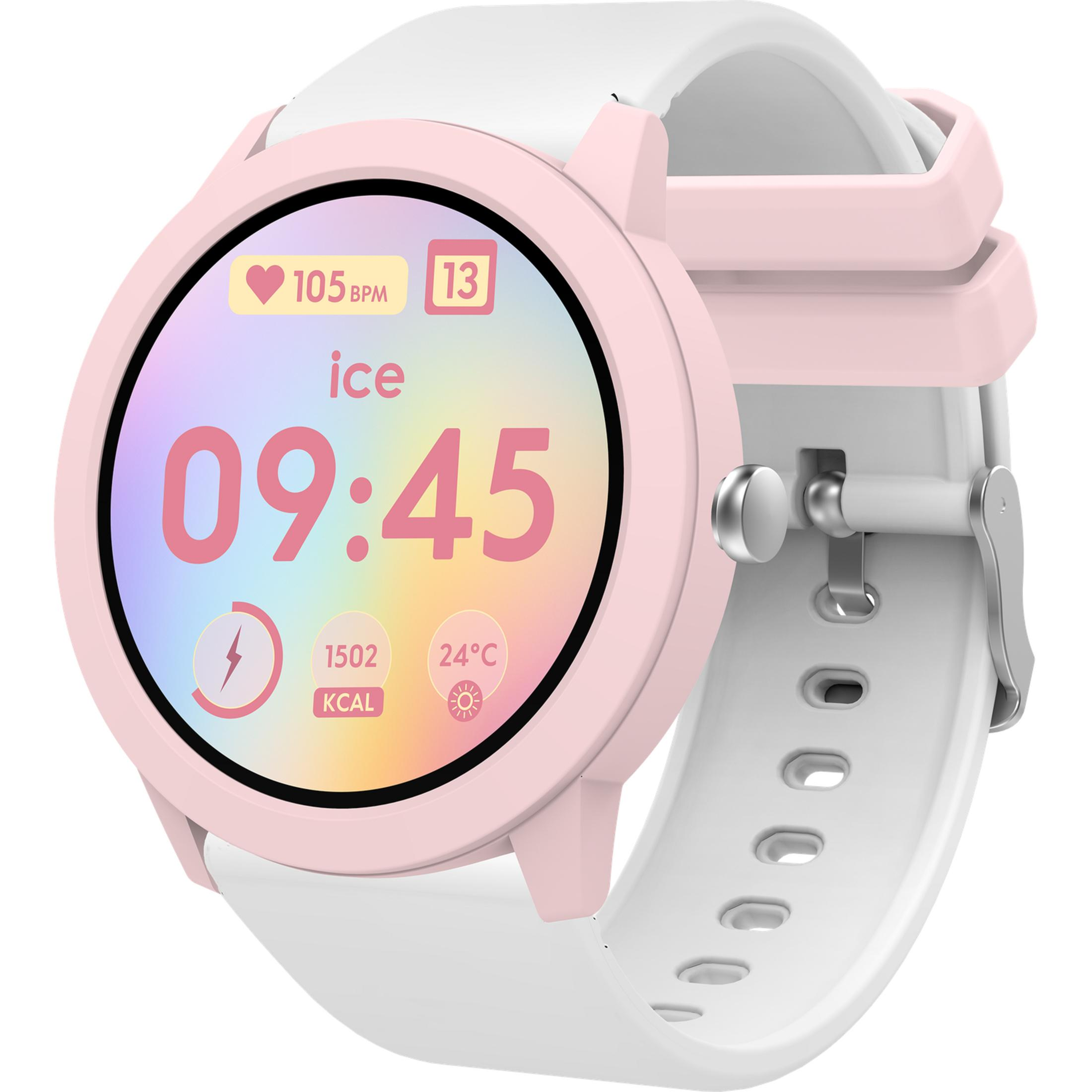 Eine rosafarbene Smartwatch mit weißem Armband zeigt 09:45 Uhr, 105 BPM und 1502 kcal.