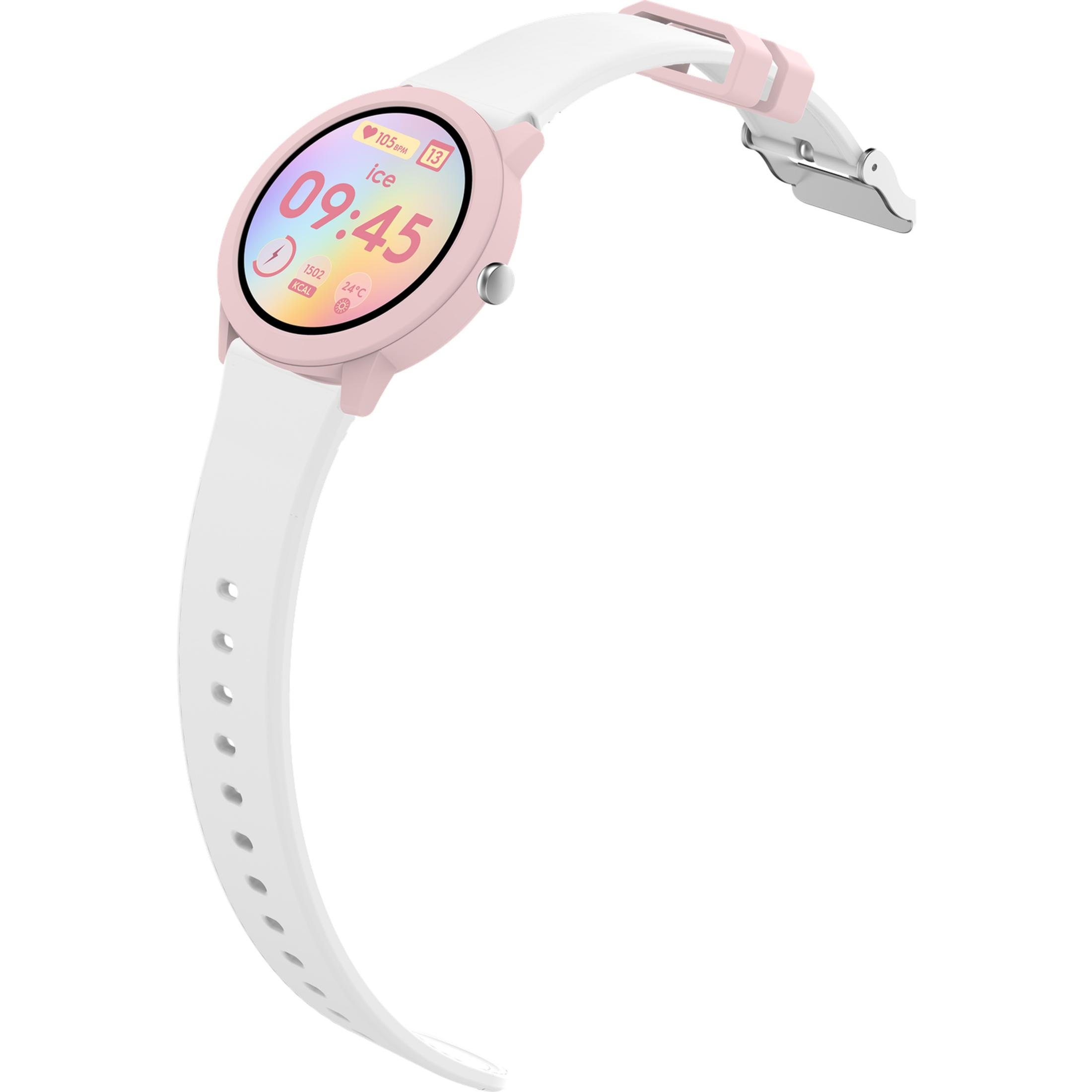 Eine pinke Smartwatch mit weißem Armband zeigt 09:45, 105 BPM, 1502 KCAL und 24°C.
