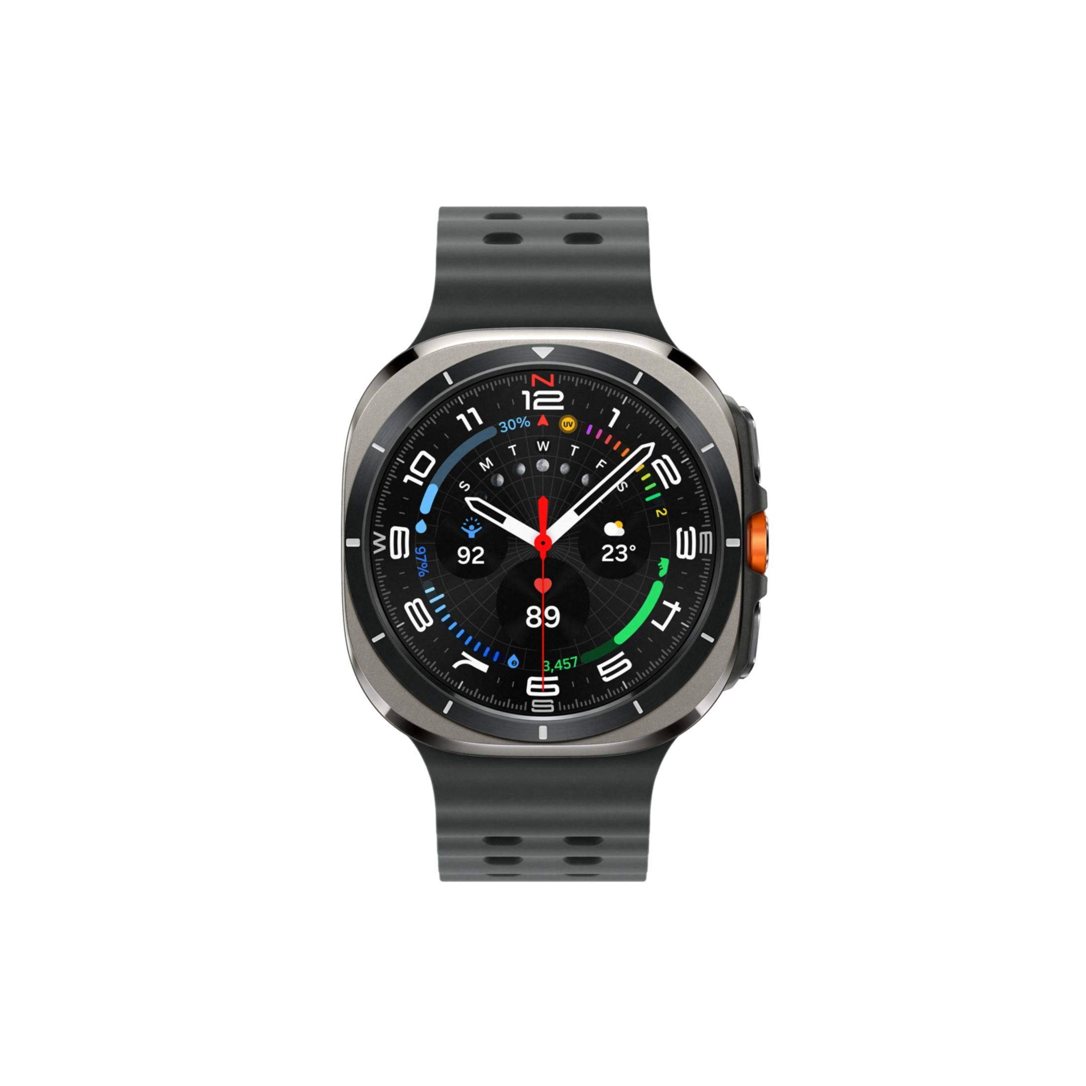 Uno smartwatch grigio con cinturino nero e quadrante dettagliato.