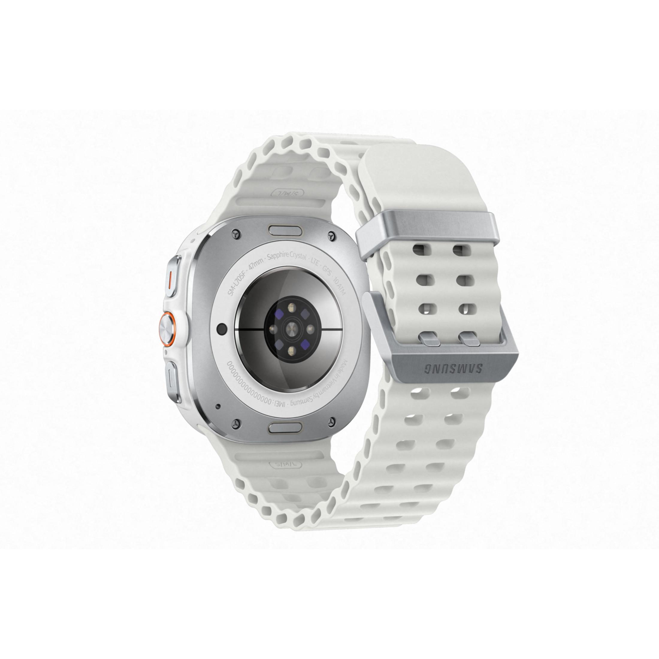 Back view of a white smartwatch with a silver case and band.