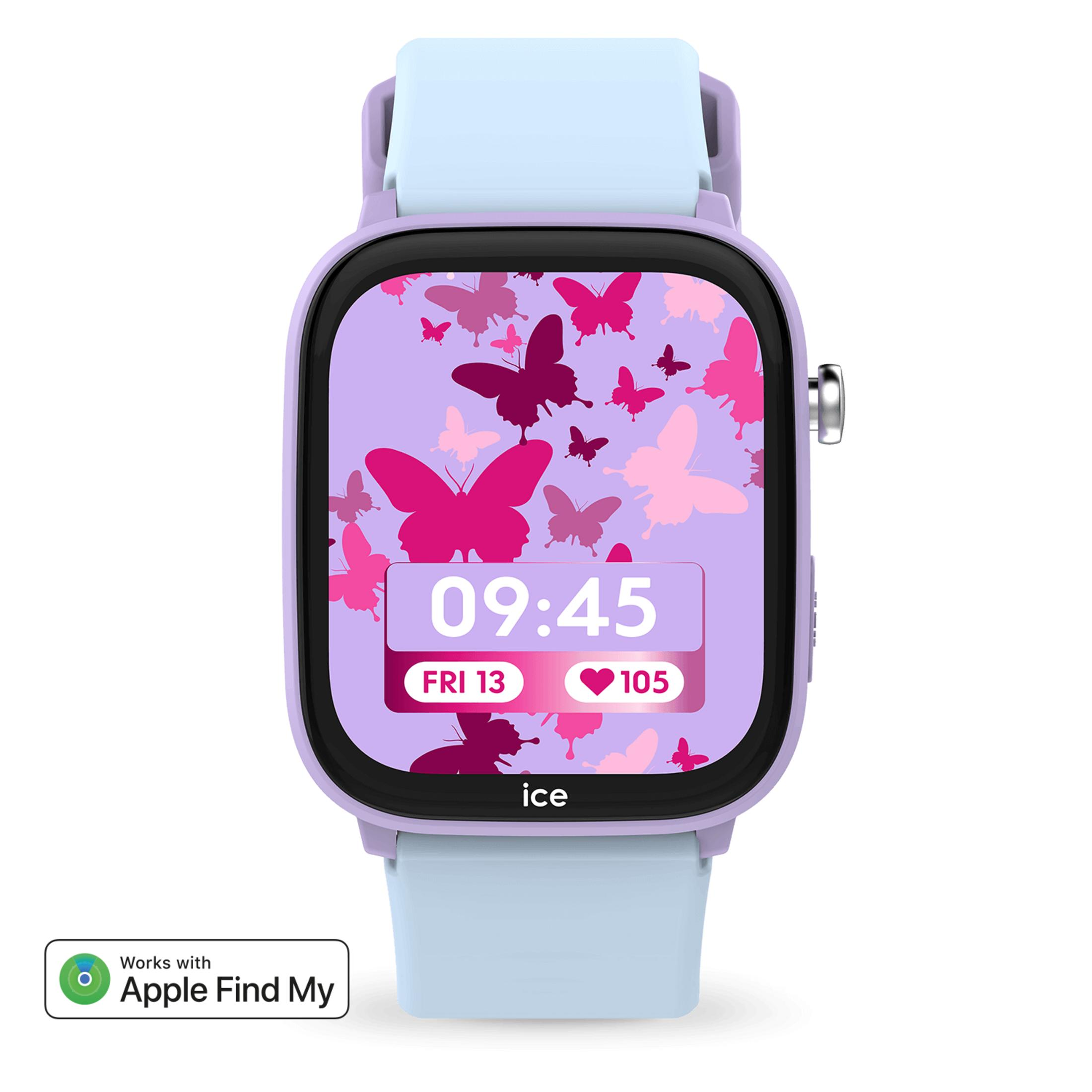 Lila Smartwatch mit Schmetterlingsbildschirm. Zeigt 09:45, FRI 13 und Herz 105.