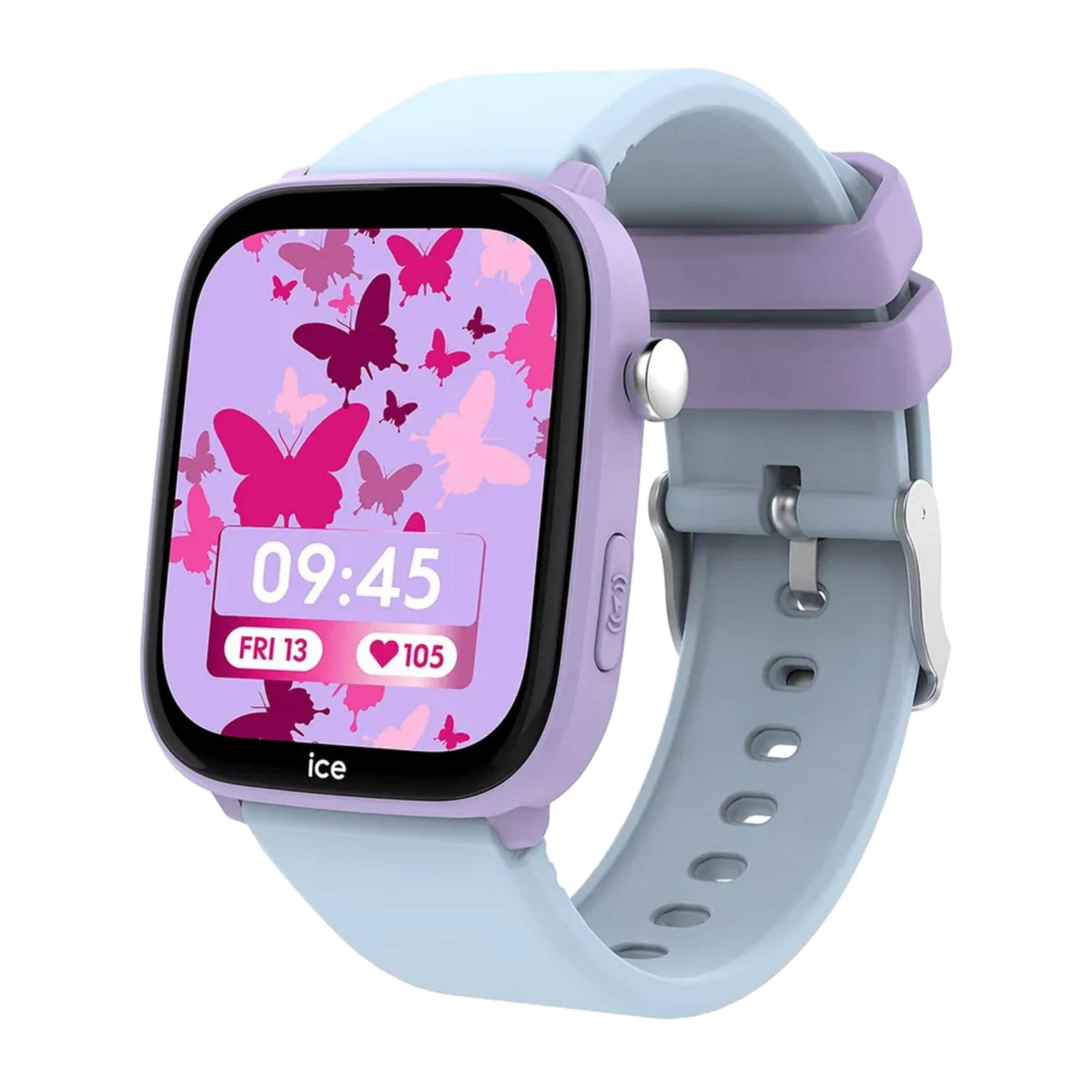 Eine Smartwatch mit lila und hellblauen Armbändern und einem Schmetterlingsdesign.