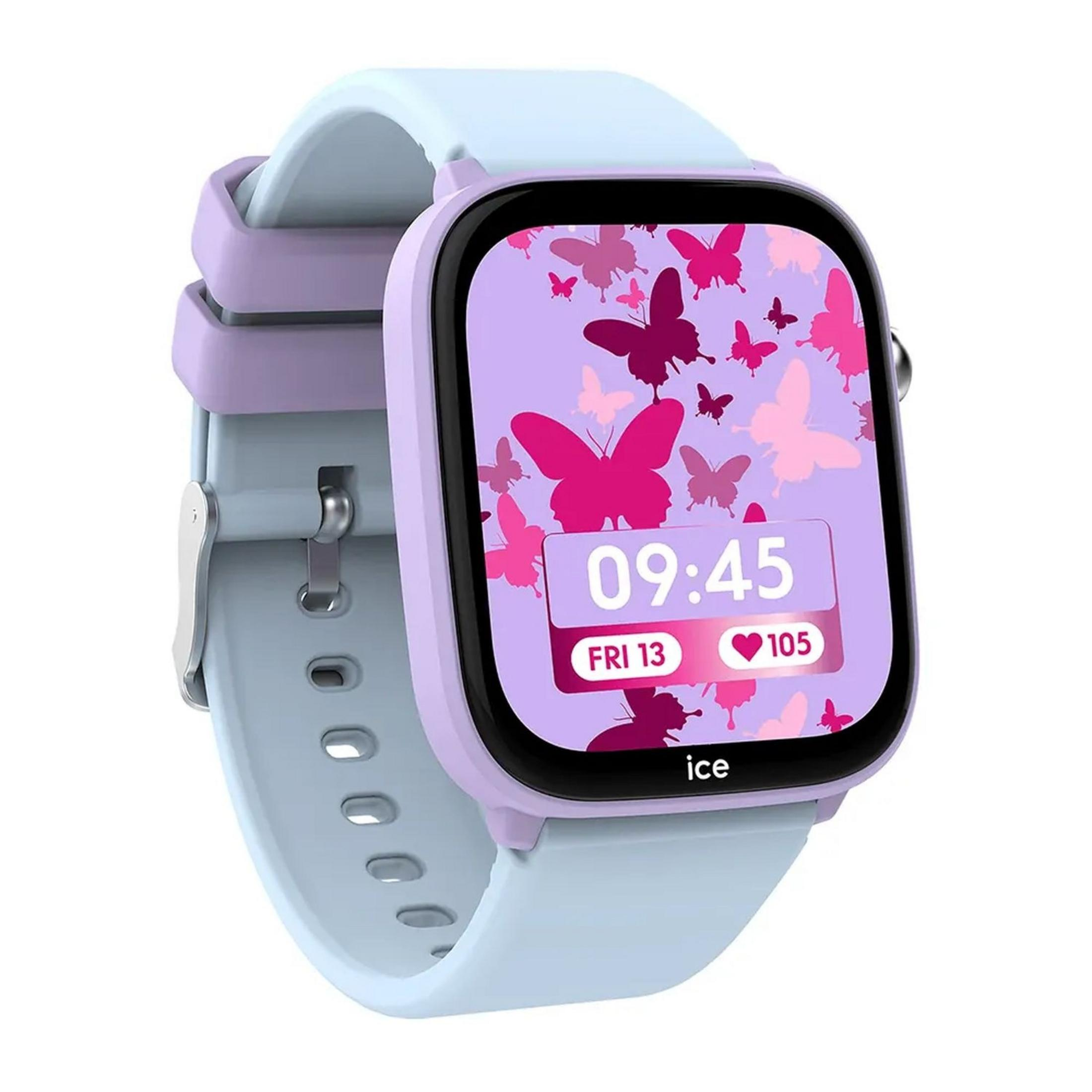 Lila Smartwatch mit Schmetterlings-Zifferblatt, 09:45 Uhr, FR 13, 105 Herz.