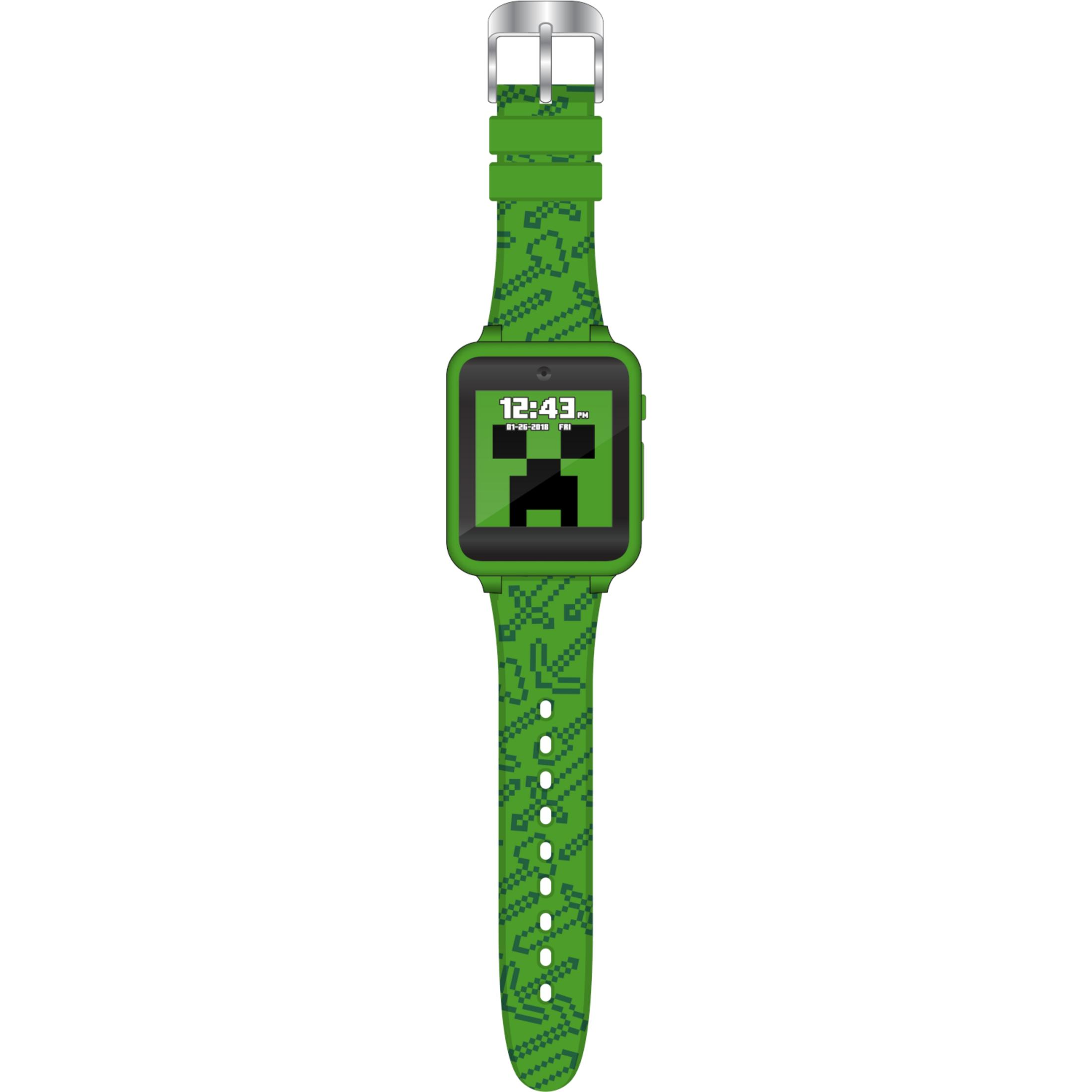 Orologio smart verde con quadrante Creeper Minecraft, motivo spada sul cinturino.